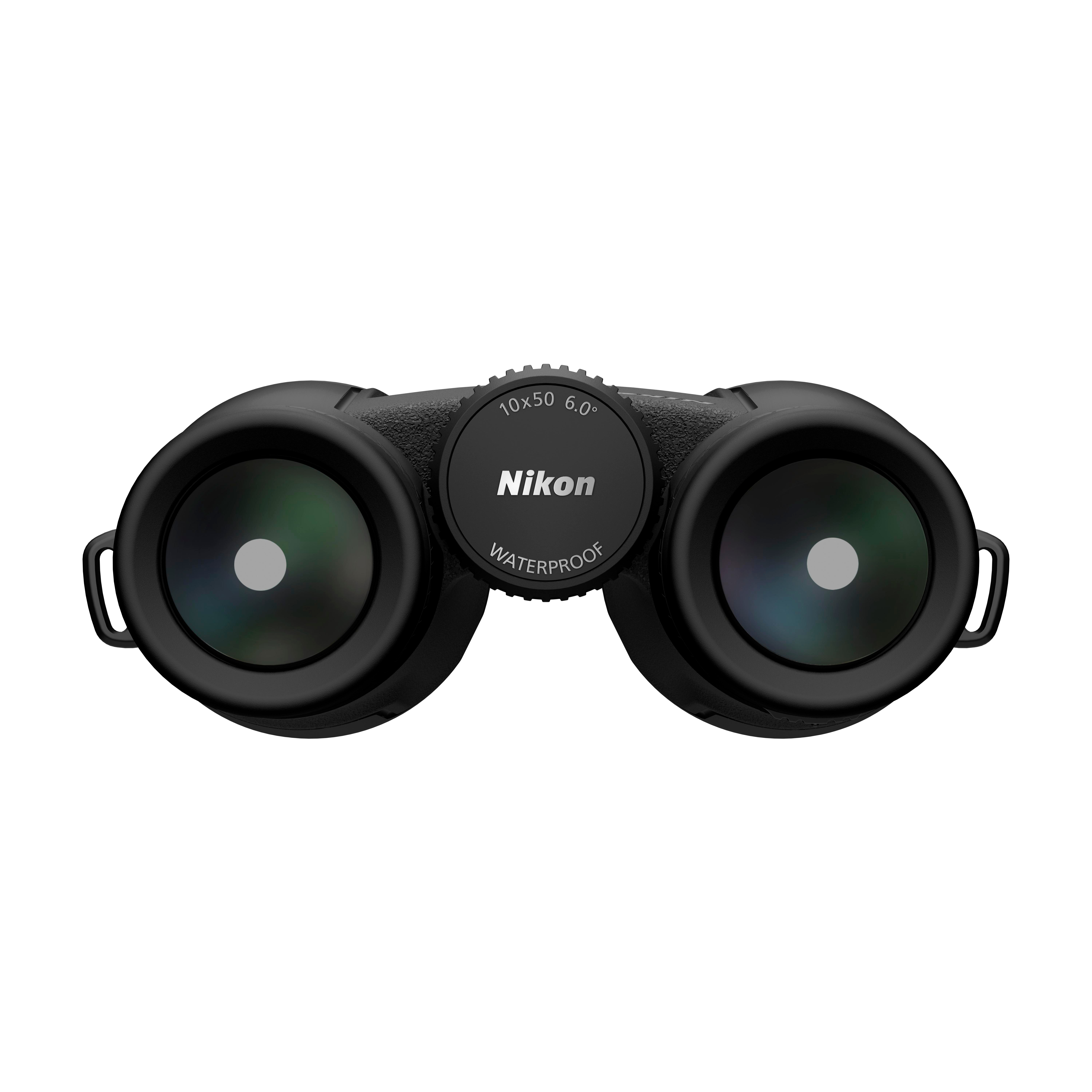 Schwarze Nikon Fernglas mit 10x50 Vergrößerung und Wasserdicht-Aufschrift.