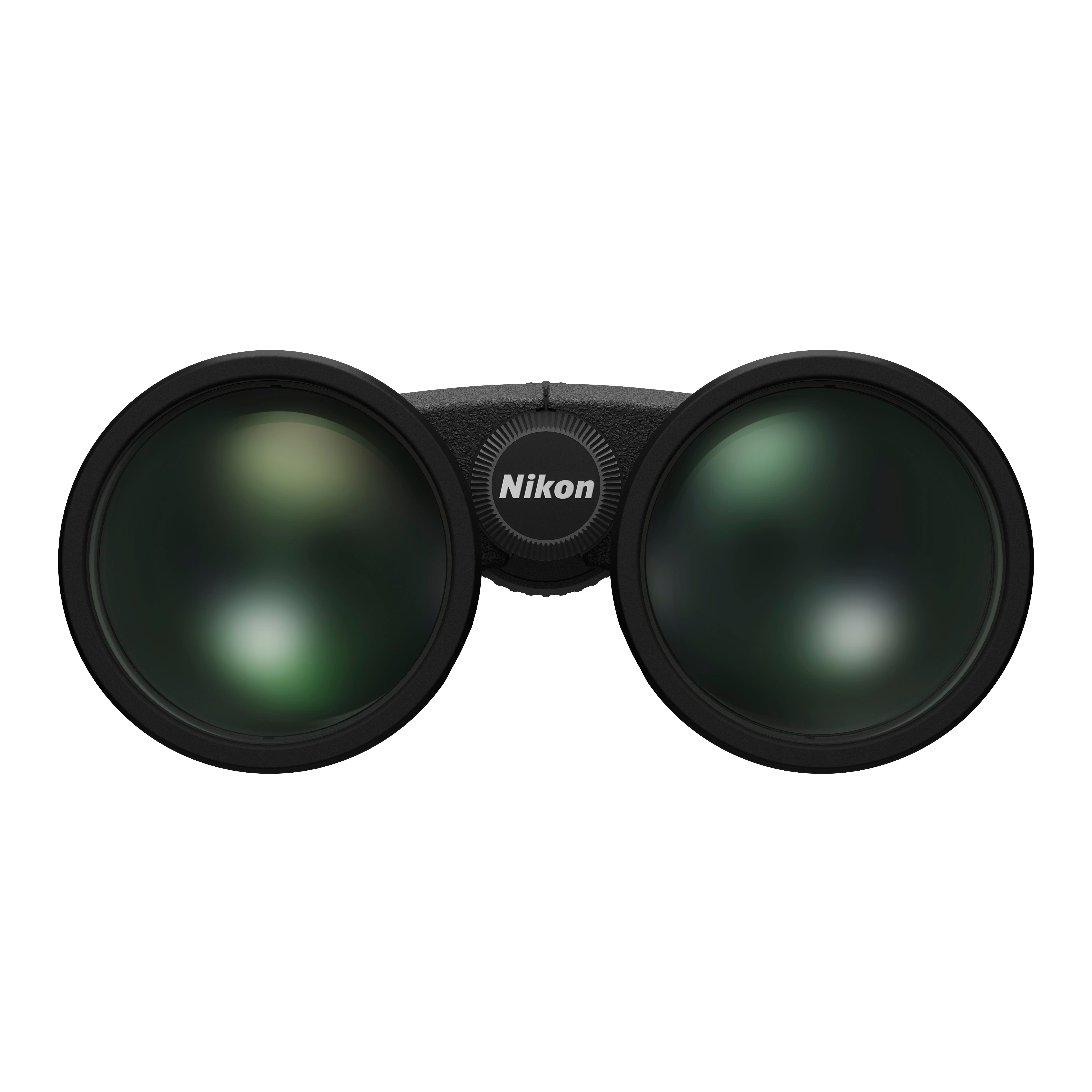 Schwarze Nikon Fernglas mit Nahaufnahme der Objektive und dem Logo.