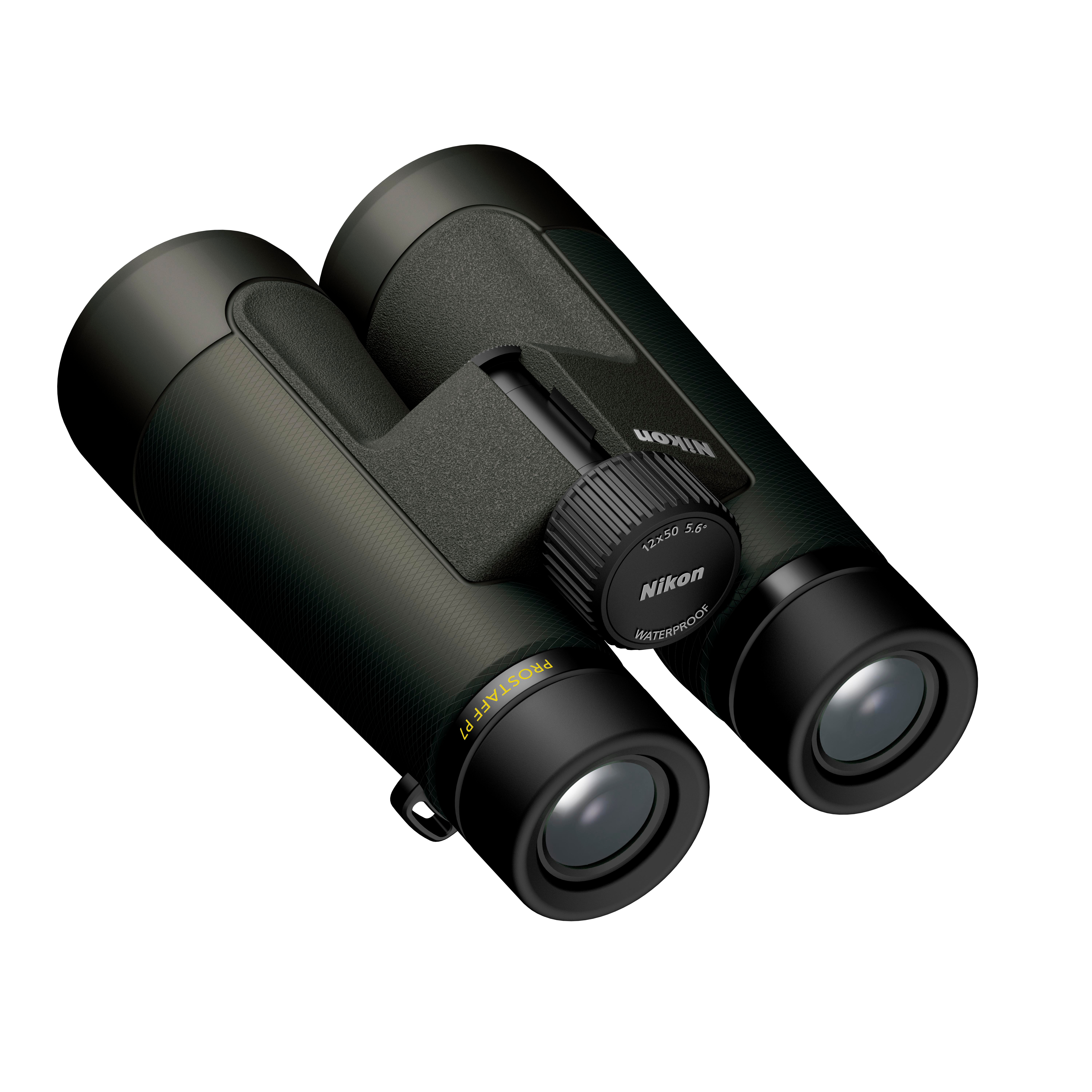 Dunkelgrüne Nikon Fernglas mit gummiertem Griff und silbernem Fokusrad.