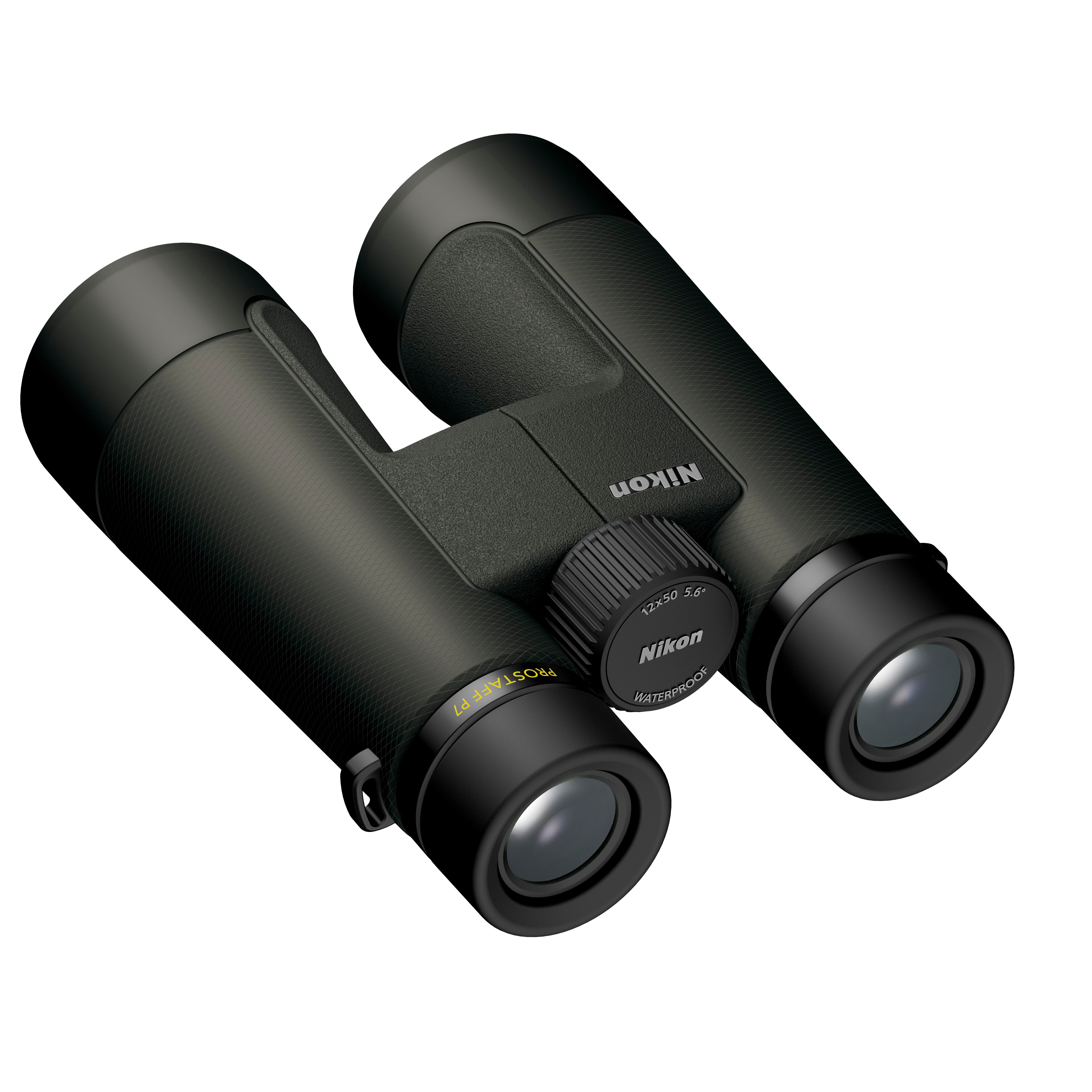 Schwarze Nikon-Ferngläser mit 12x50-Spezifikationen und Wasserdichtigkeit.
