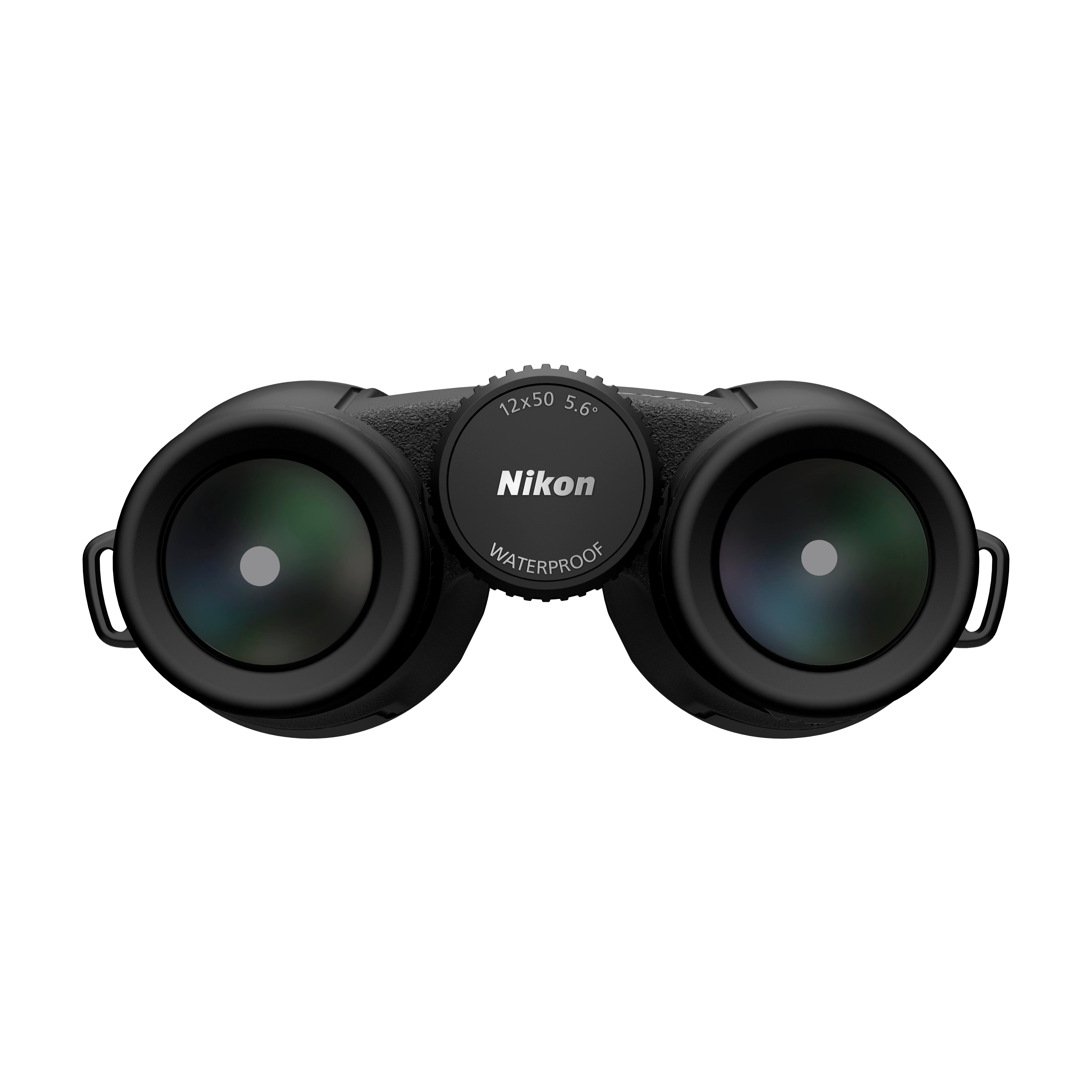 Schwarze Nikon Fernglas mit 12x50 Vergrößerung, wasserdicht.