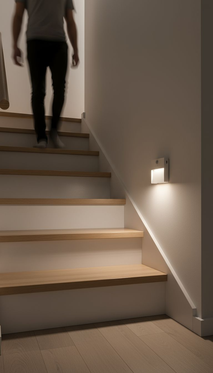 Eine Person geht eine Holztreppe hinunter, beleuchtet von einer Wandleuchte.