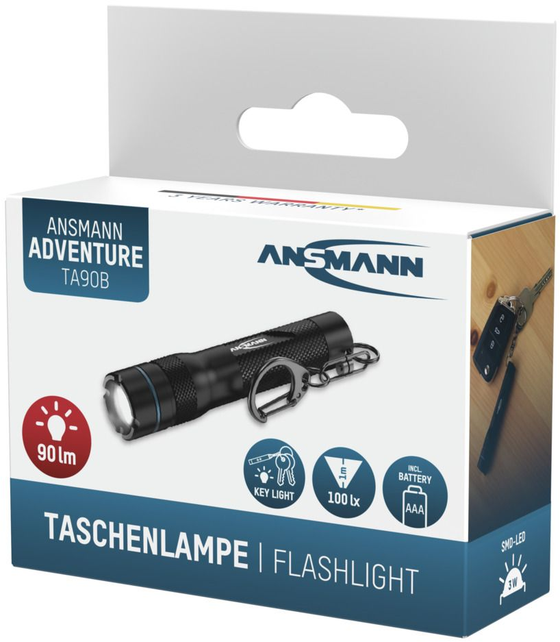 Verpackung einer schwarzen Taschenlampe mit Ansmann-Logo und technischen Details.