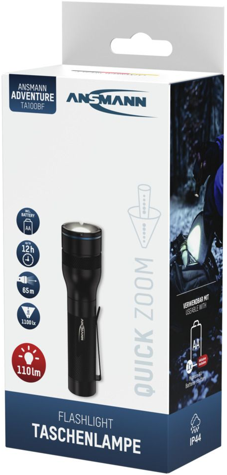 Verpackung einer schwarzen Taschenlampe mit Beschriftungen und technischen Daten.