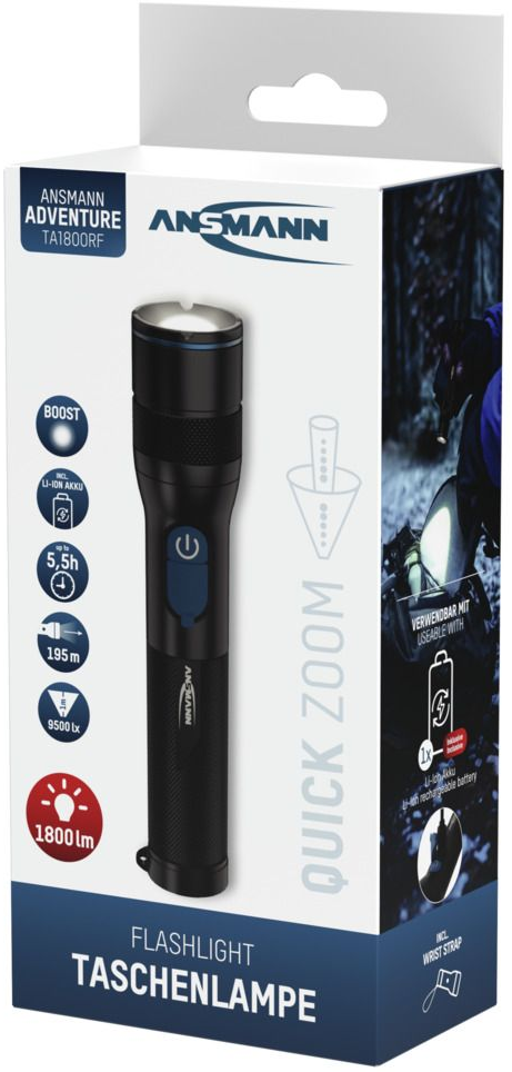Schwarze Taschenlampe mit blauen Akzenten, auf Verpackung mit Infos.