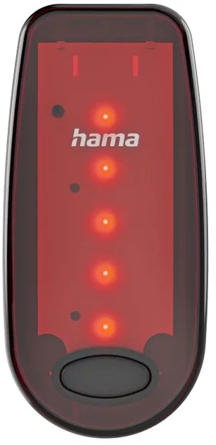 Ein rotes Hama-Rücklicht mit sechs leuchtenden LEDs und einem schwarzen Knopf.