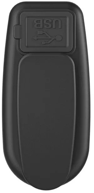 Schwarzes Gerät mit USB-Symbol und Abdeckung.