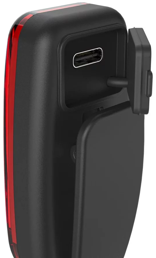 Schwarzes Rücklicht mit offenem USB-C-Anschluss und roter Leiste.