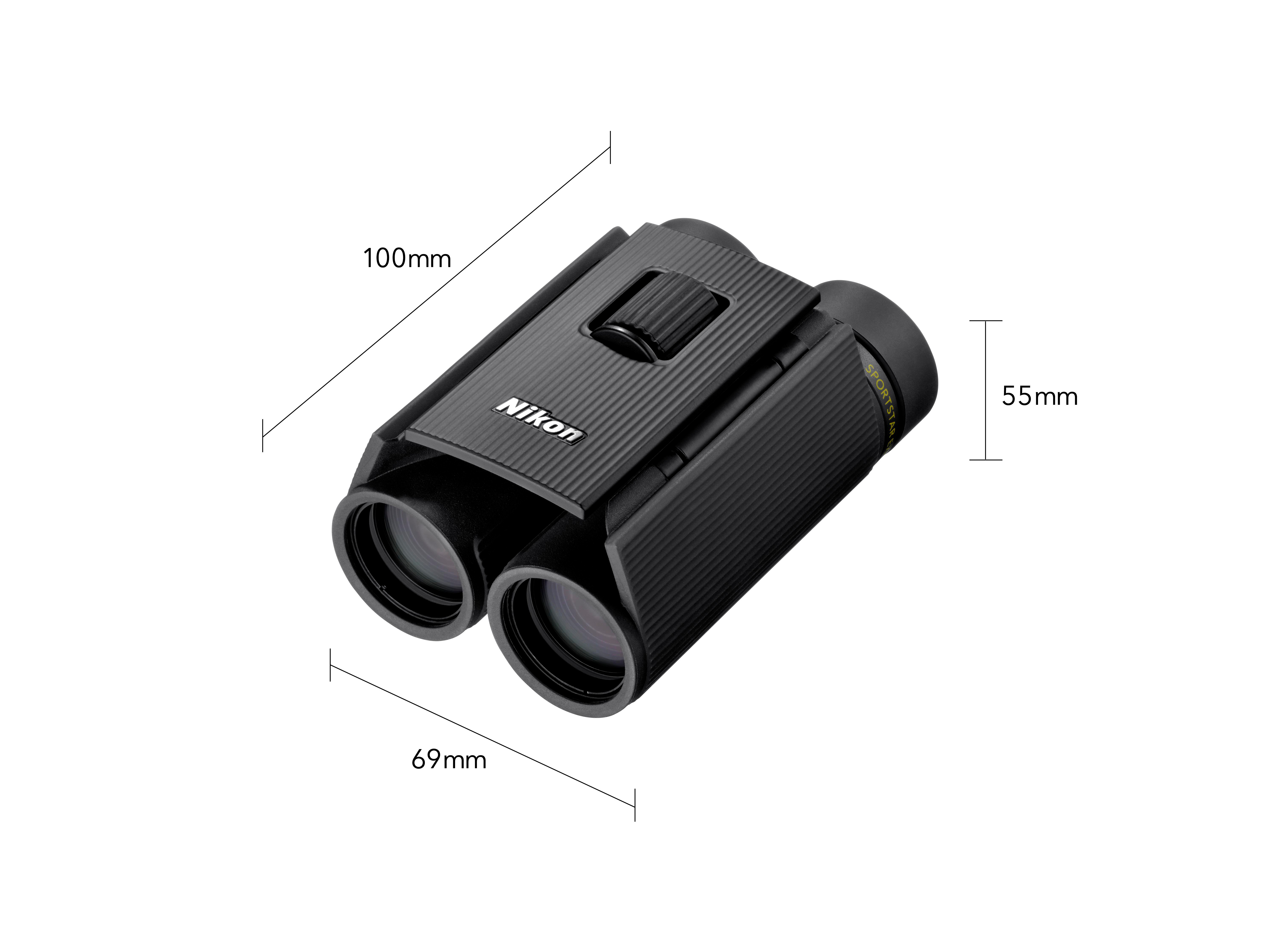 Schwarze Nikon Fernglas mit Maßen 100x69x55mm.