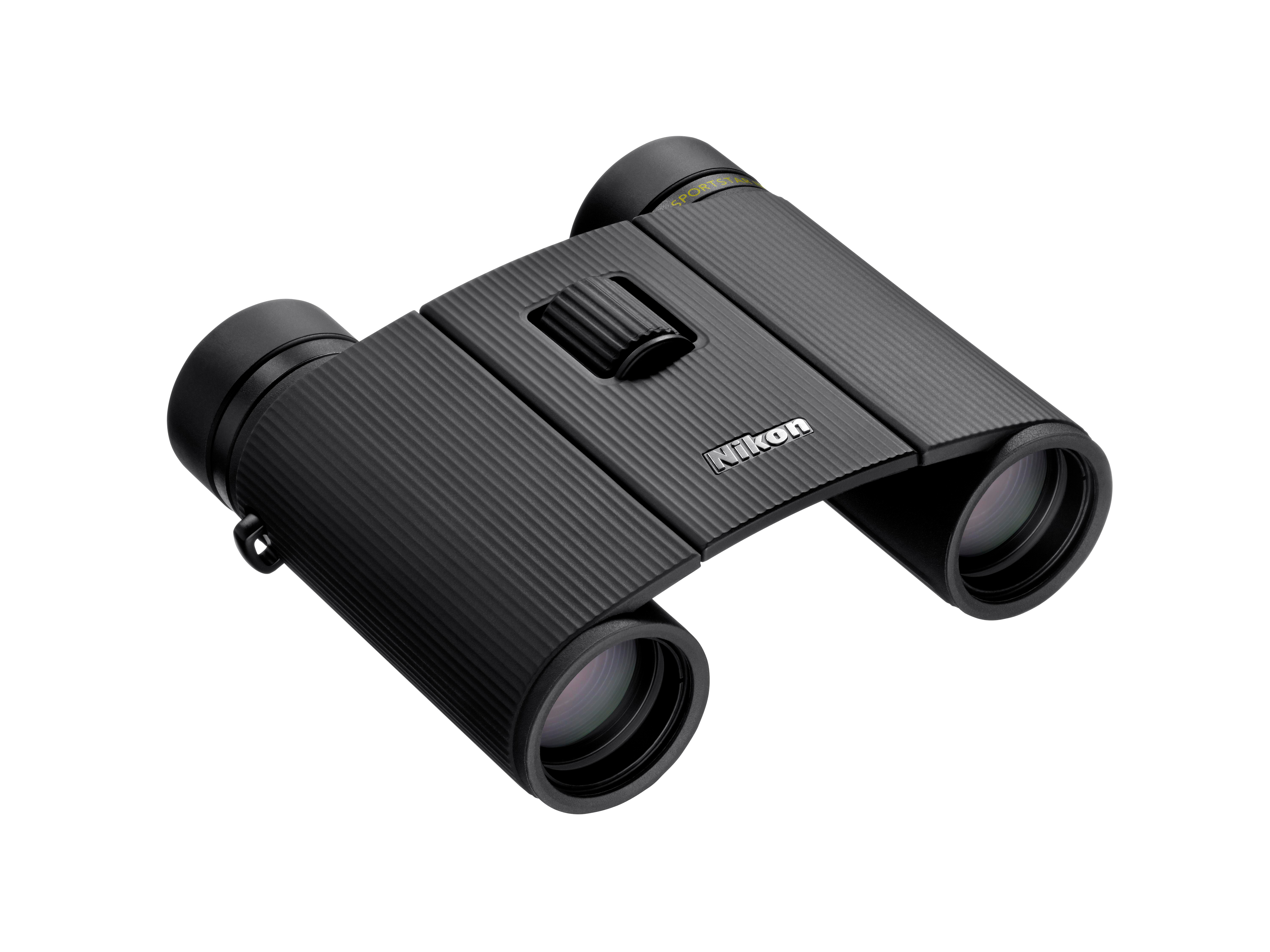 Schwarze Nikon-Fernglas mit geriffelter Textur und Fokusrad.