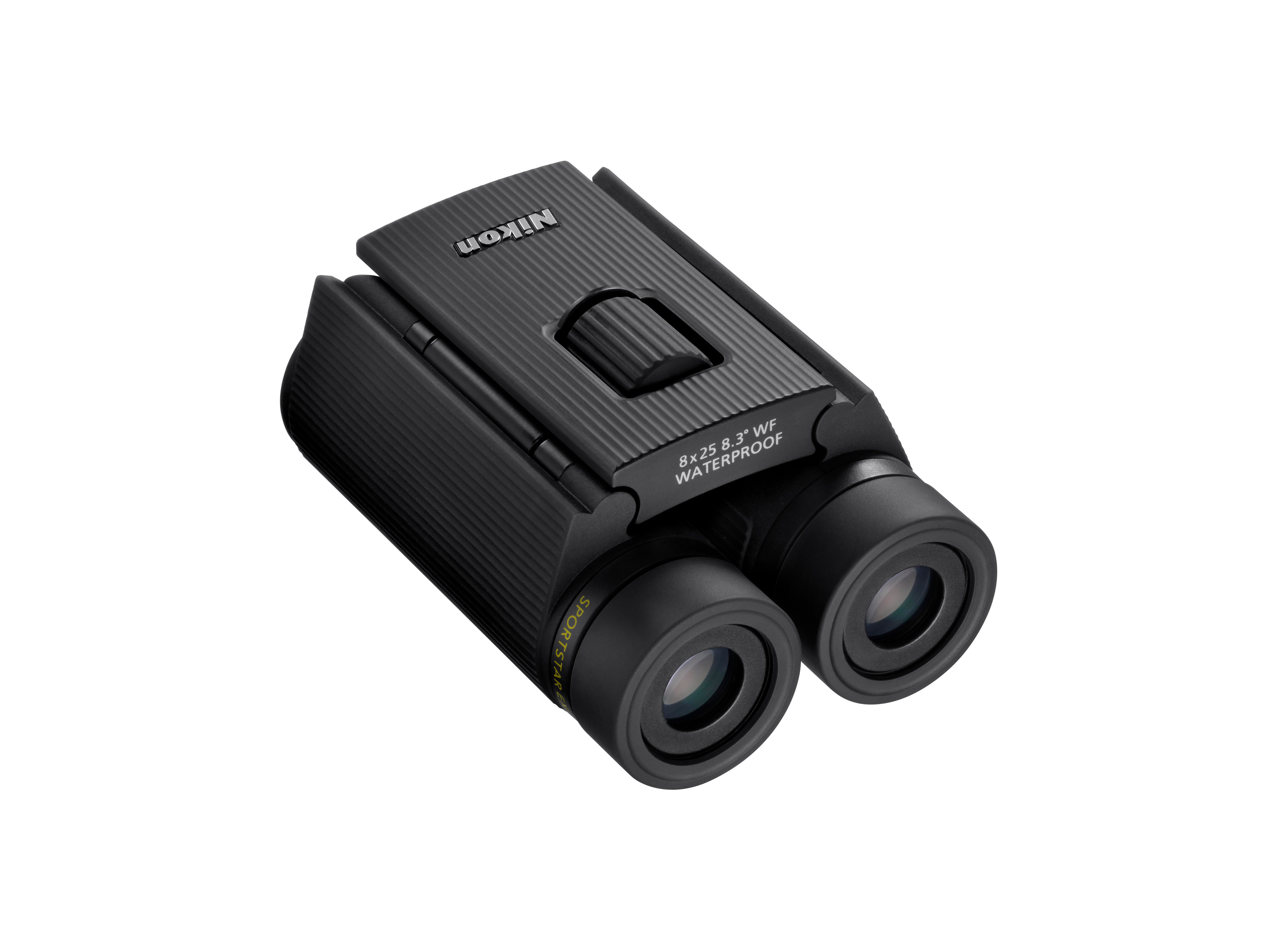 Schwarze Nikon Fernglas mit geriffelten Griffen und Fokusrad.