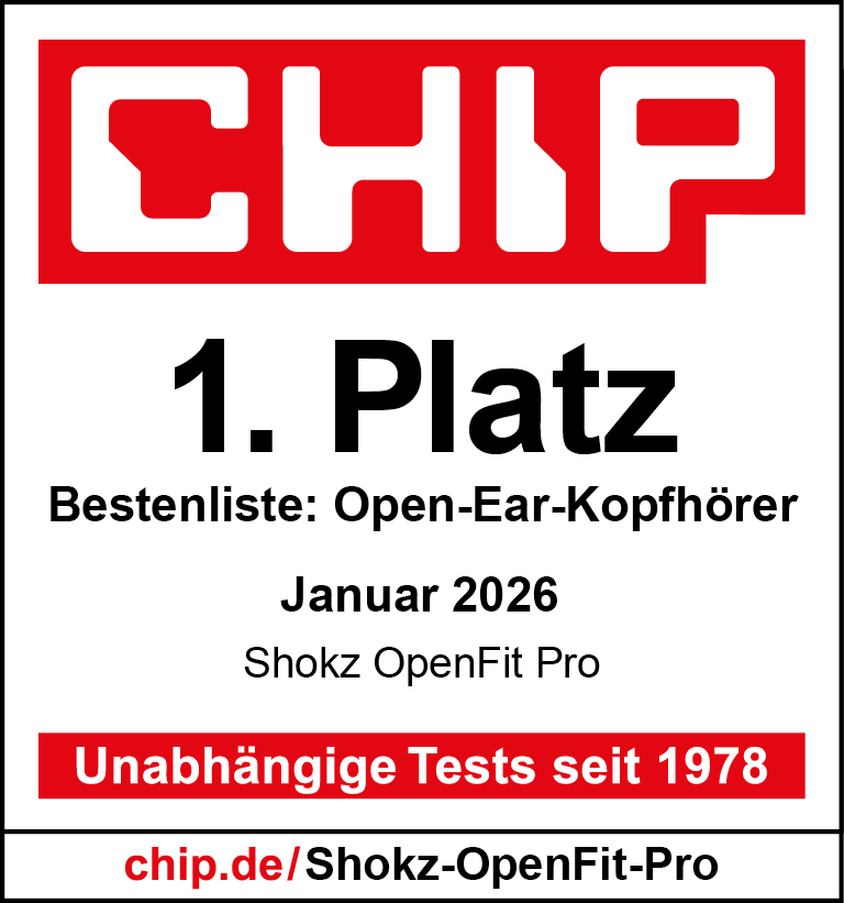 CHIP Auszeichnung: 1. Platz, Open-Ear-Kopfhörer, Januar 2026, Shokz OpenFit Pro.