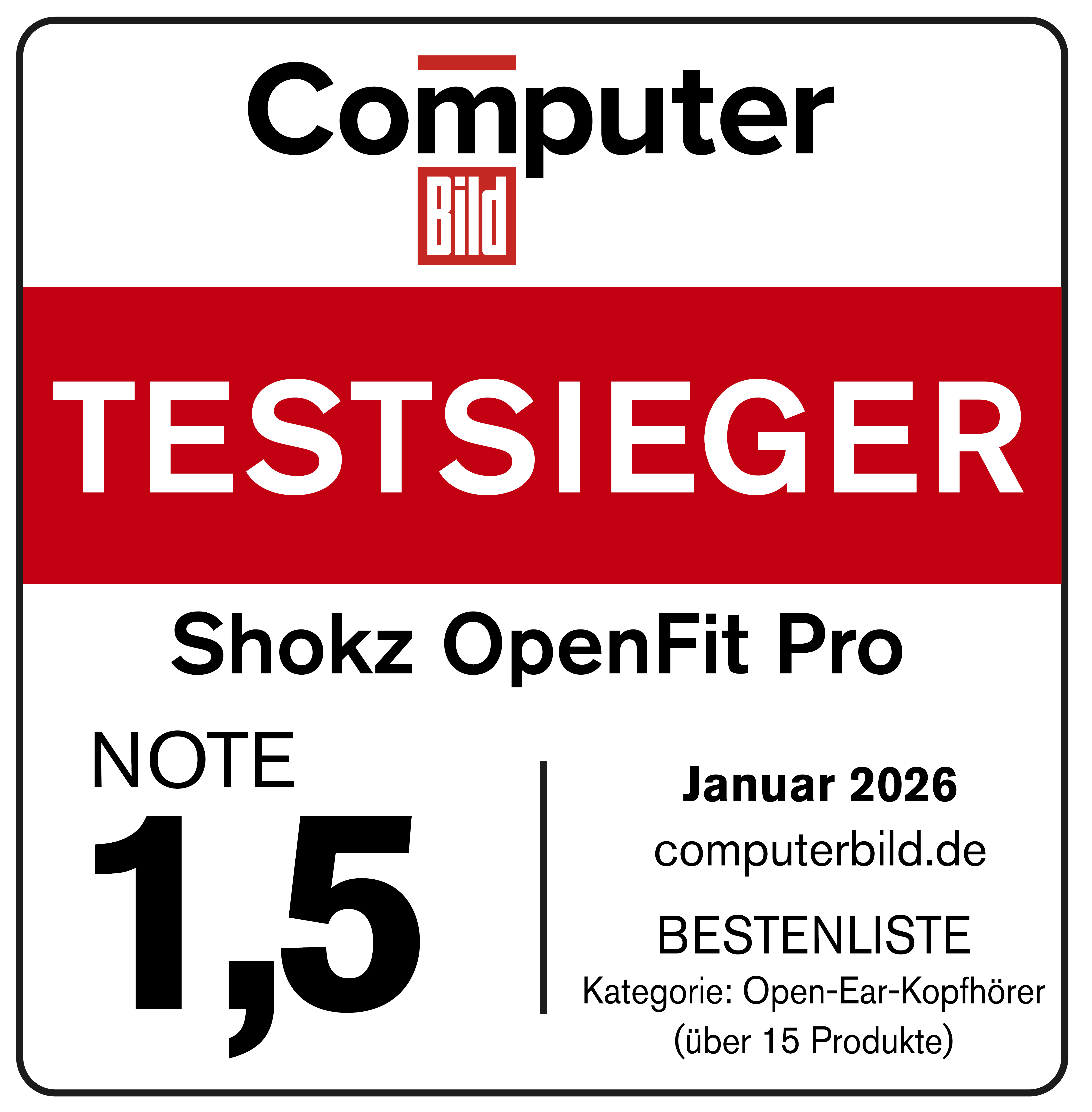 Computer Bild Testsieger: Shokz OpenFit Pro mit Note 1,5.