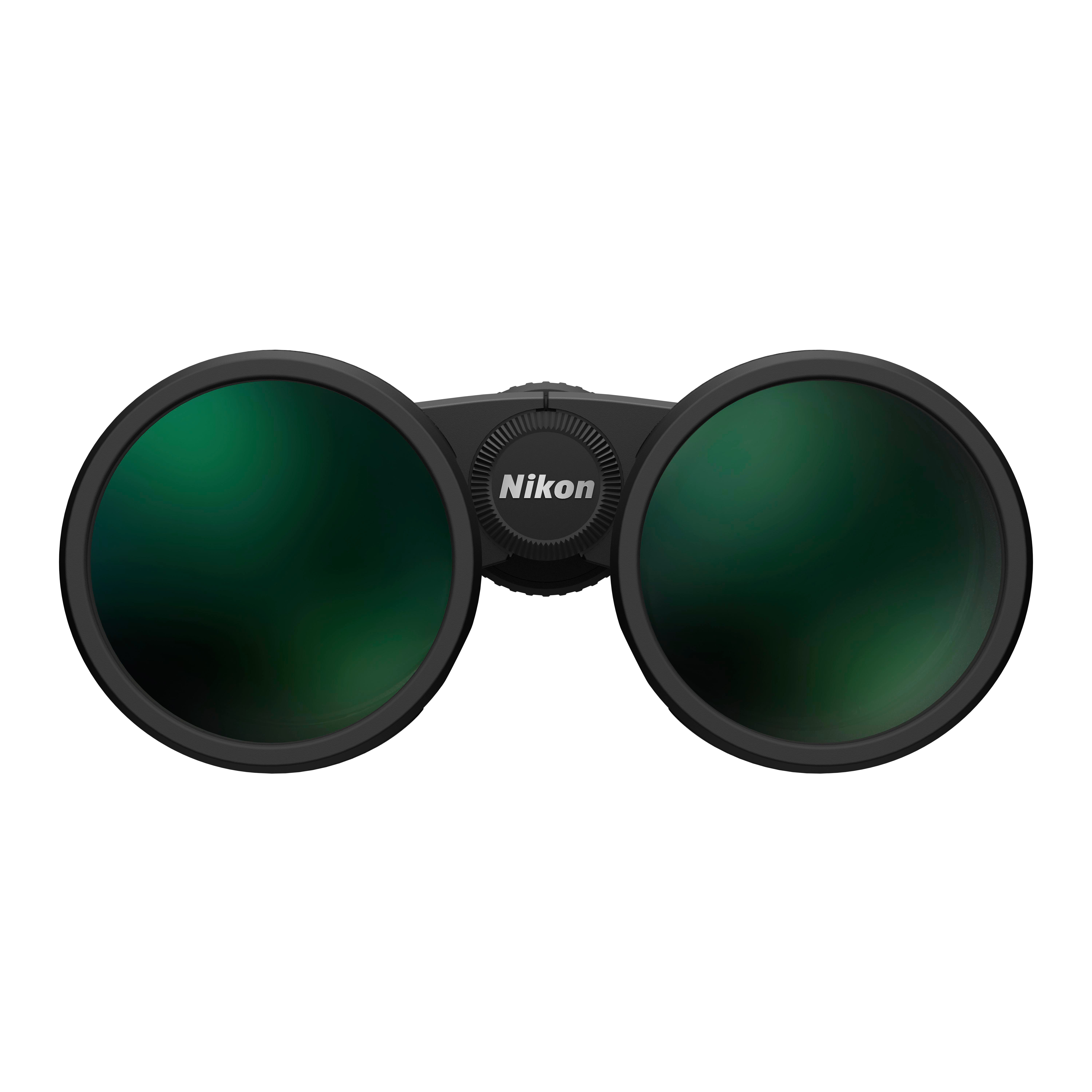 Schwarze Nikon Fernglas mit grünen Linsen und Fokusrad.