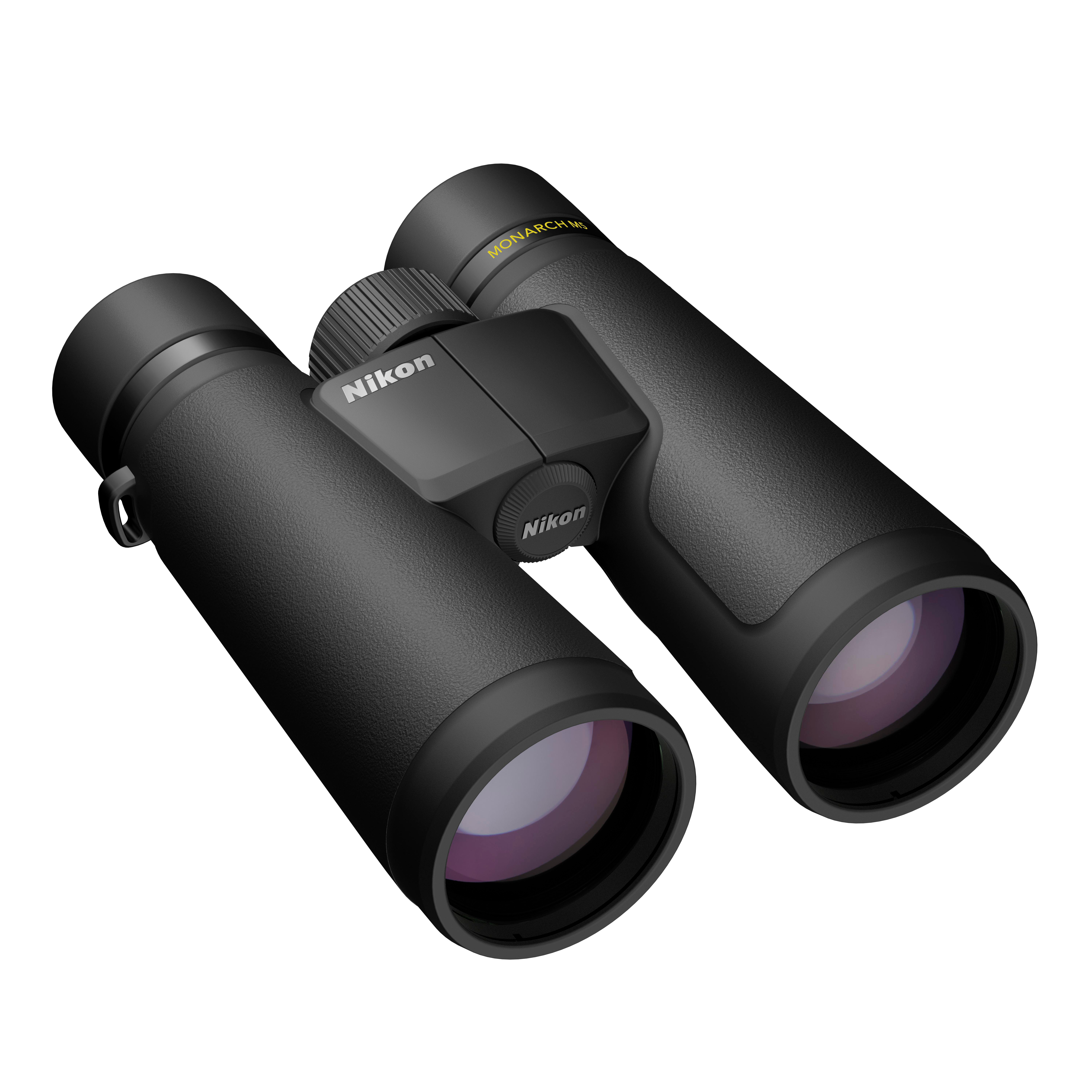 Schwarze Nikon Fernglas mit Fokusrad und gelbem Band mit Aufschrift MONARCH M5.
