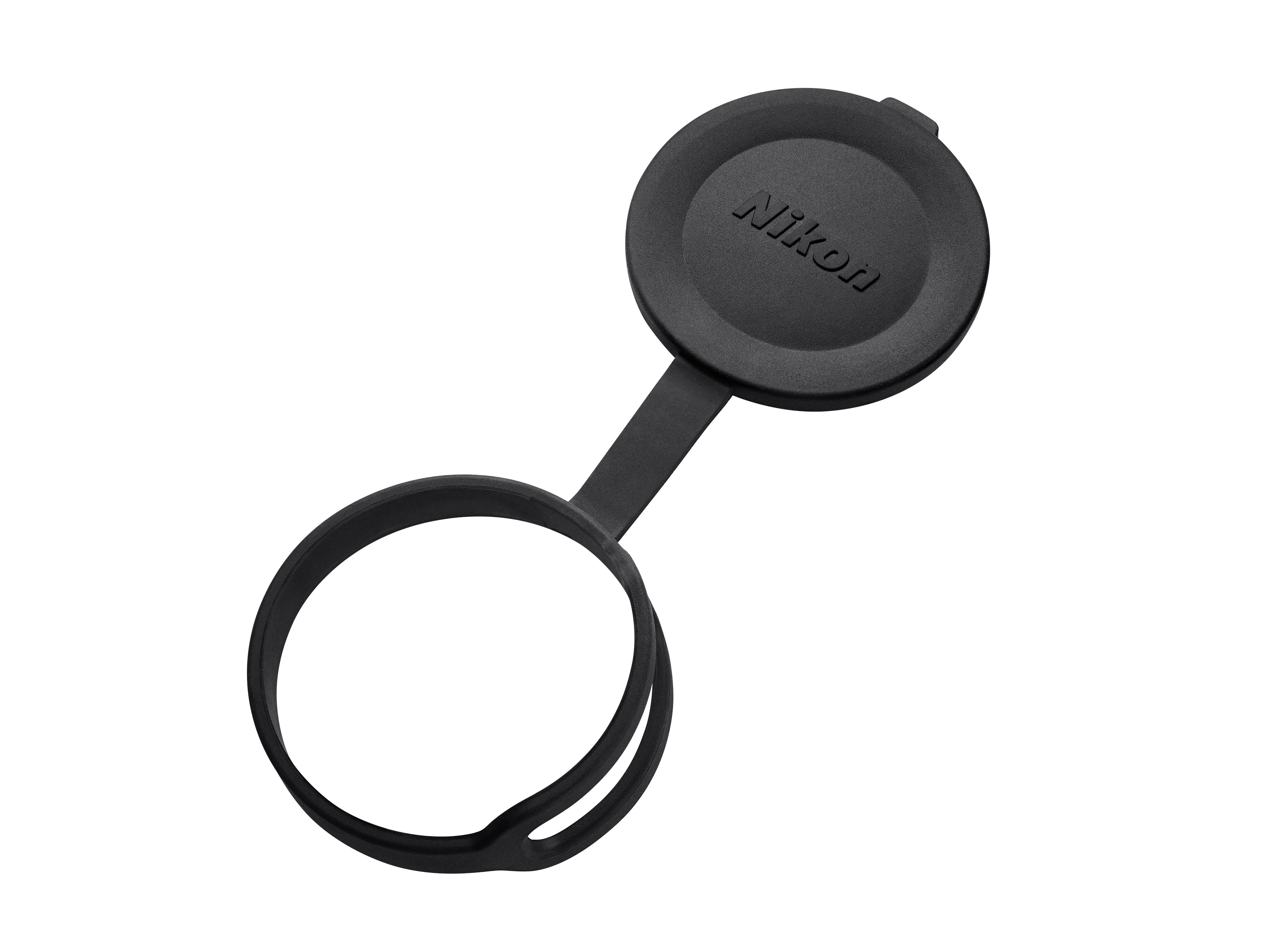 Schwarzer Objektivdeckel mit Nikon-Logo und Befestigungsband.