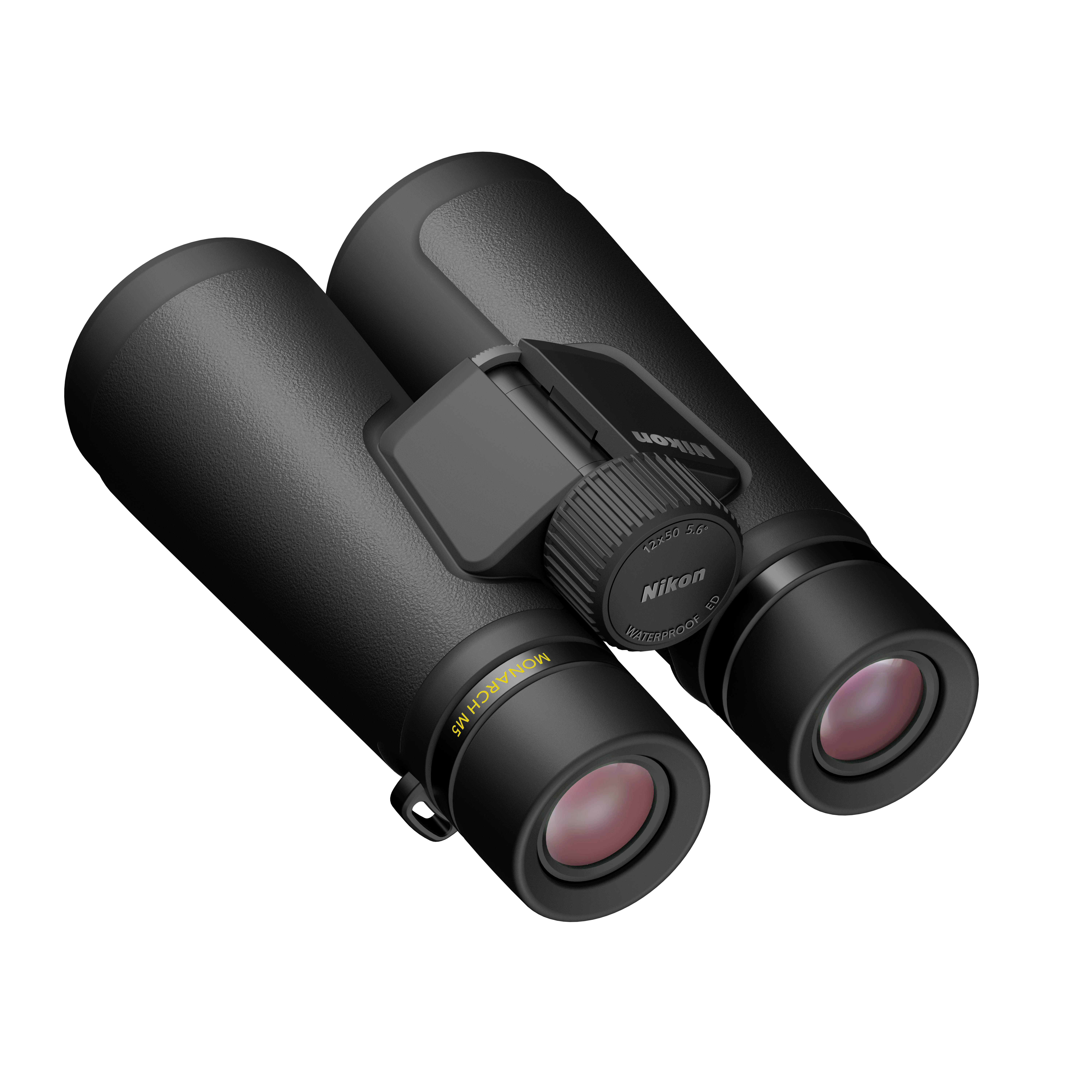 Schwarze Nikon Fernglas mit Fokusrad und Objektivdeckeln.