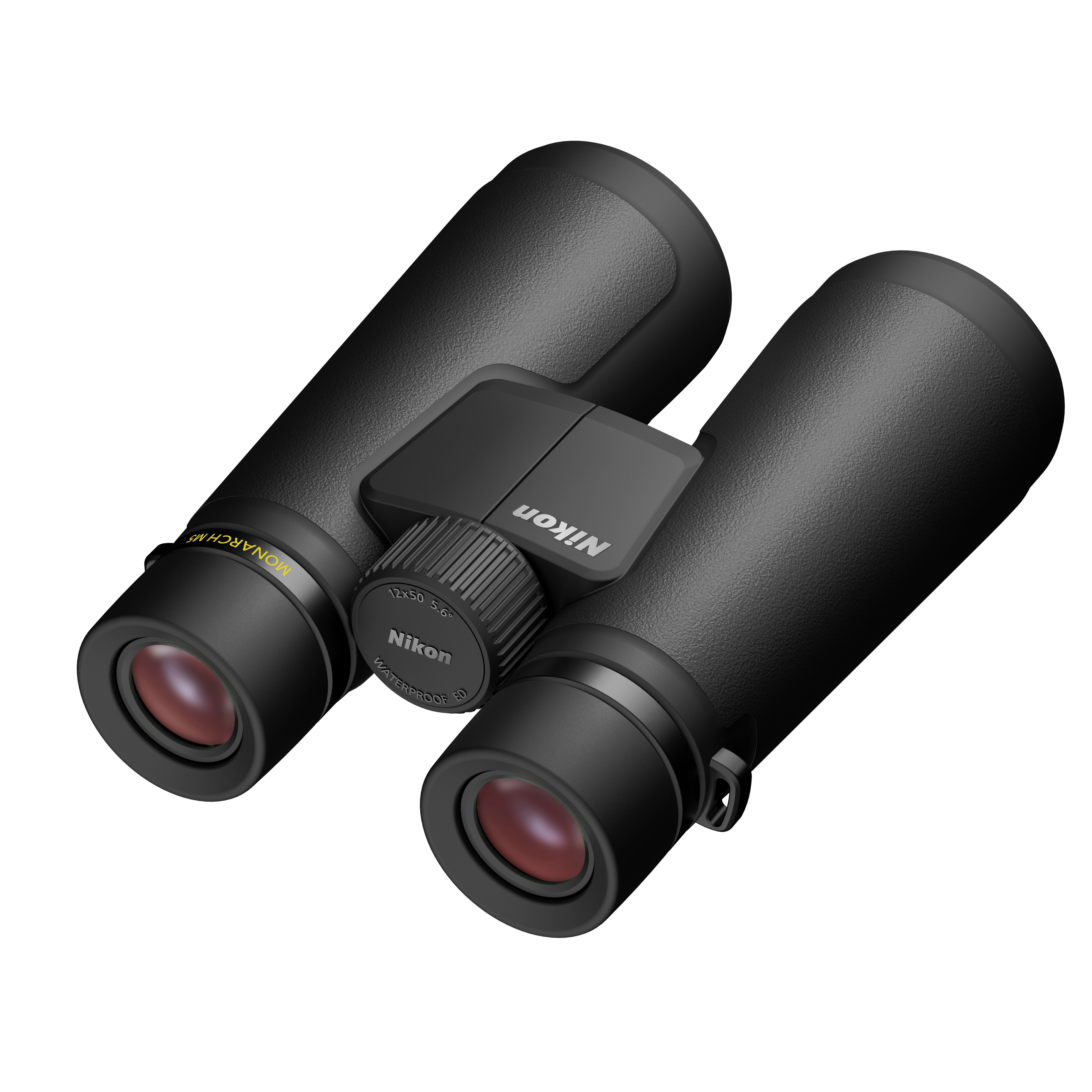 Schwarze Nikon Fernglas mit roten Linsen und silbernem Fokusrad.