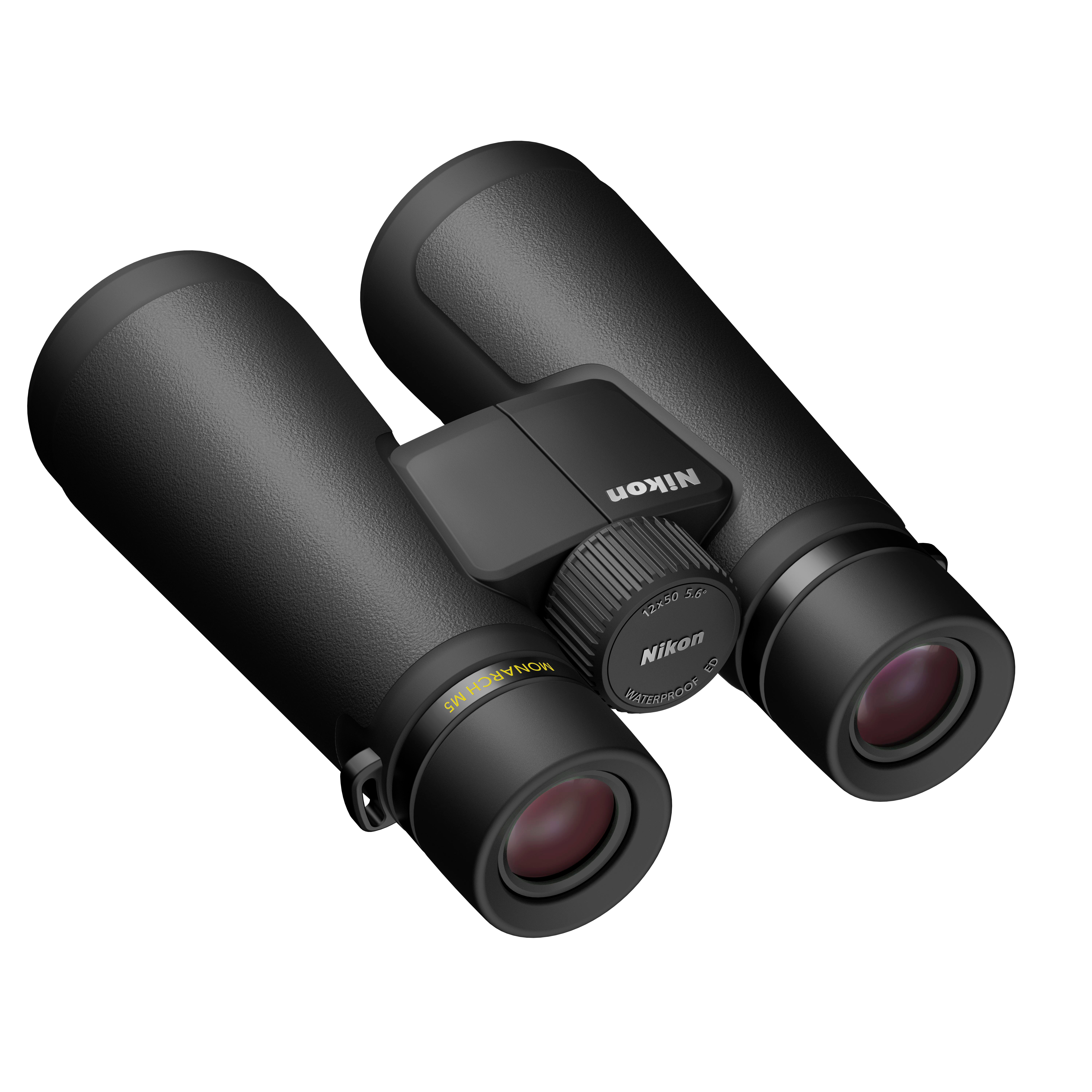 Schwarze Nikon Monarch M5 Fernglas mit 12x50 Vergrößerung, wasserdicht.