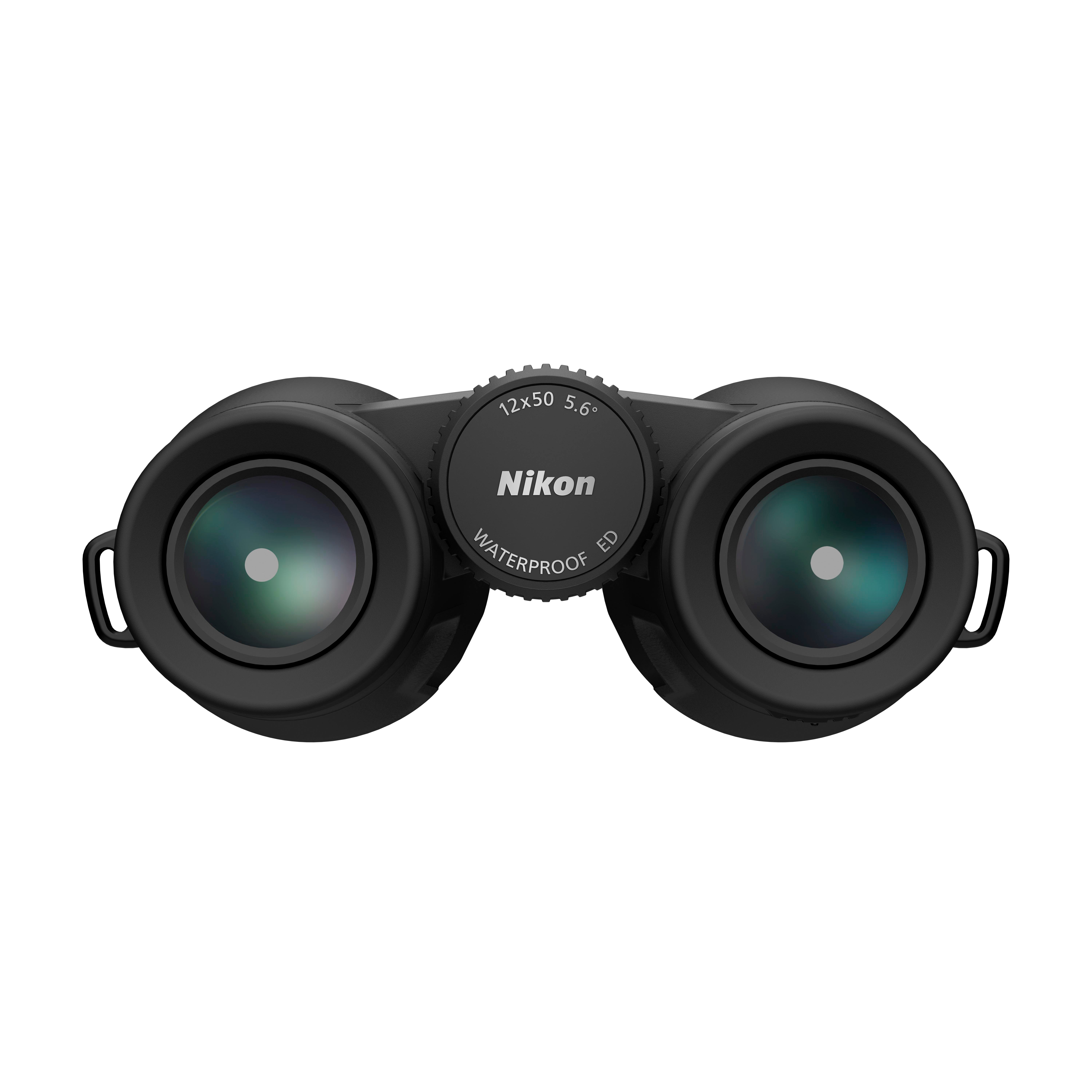 Schwarze Nikon Fernglas mit 12x50 Vergrößerung, wasserdicht.
