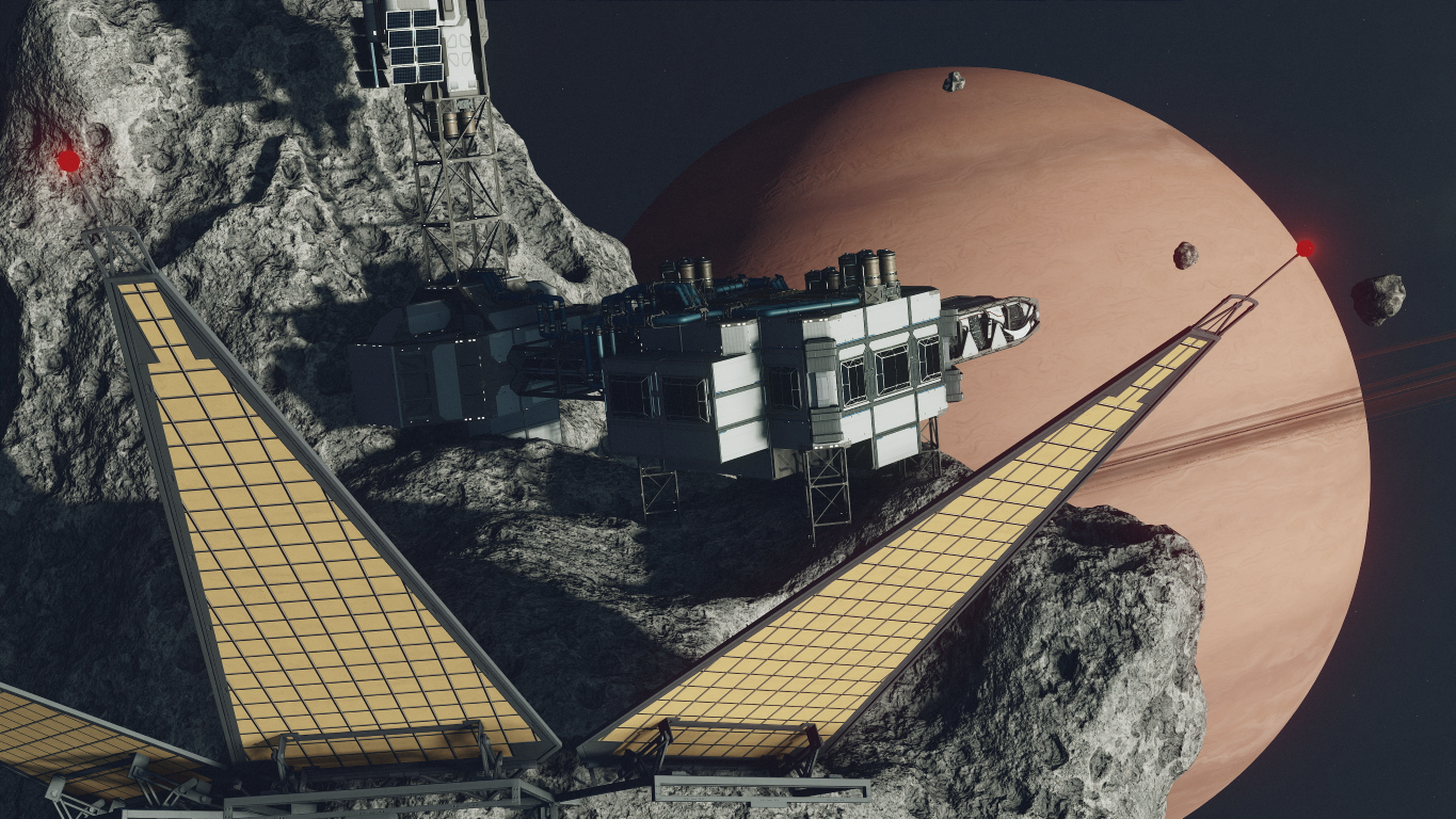 Stacja kosmiczna na asteroidzie przed dużą, pomarańczową planetą z pierścieniami.