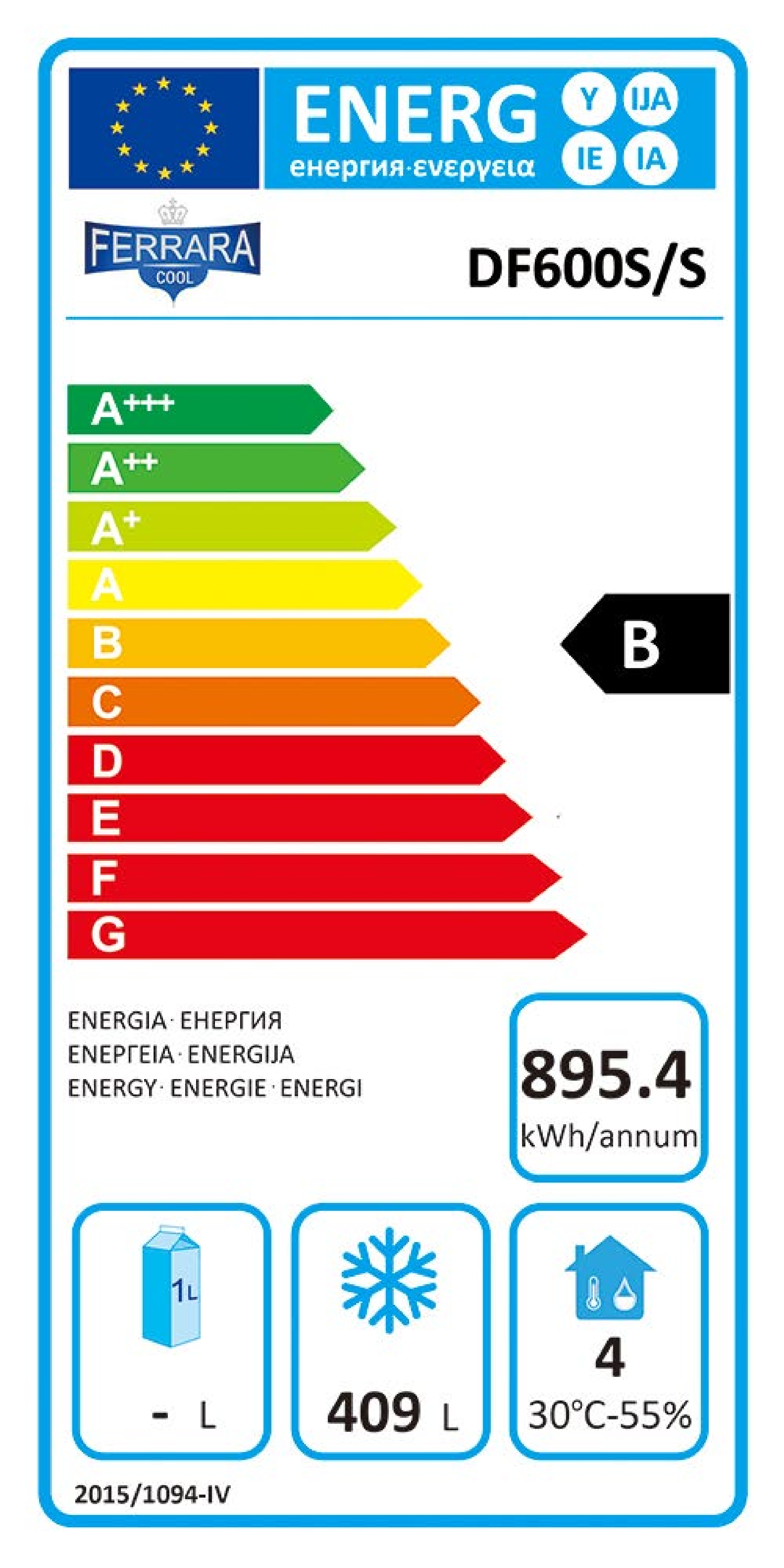 Energia címke Ferrara DF600S/S, energiaosztály B, 895,4 kWh/év.