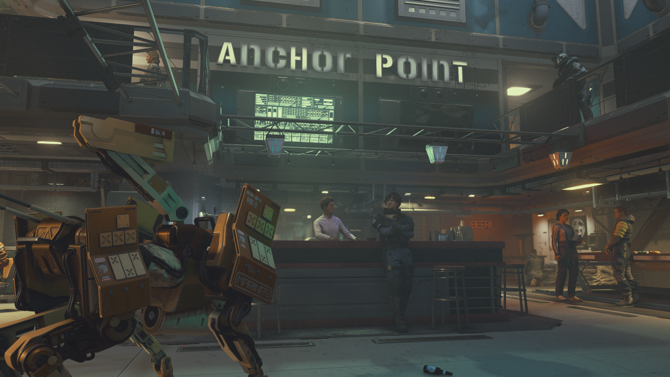 Futurystyczny bar z robotem-psem na pierwszym planie i ludźmi przy ladzie.