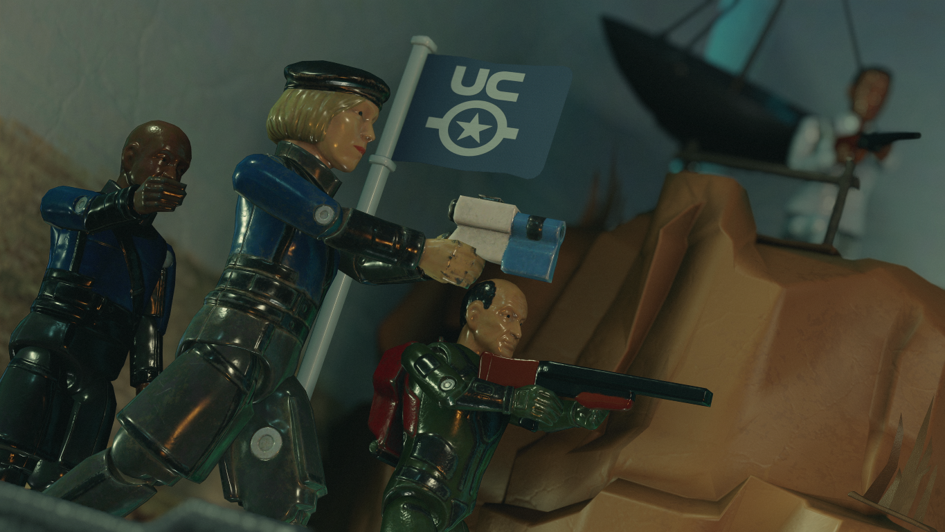 Zabawkowe żołnierze z bronią i flagą na skalistym terenie.