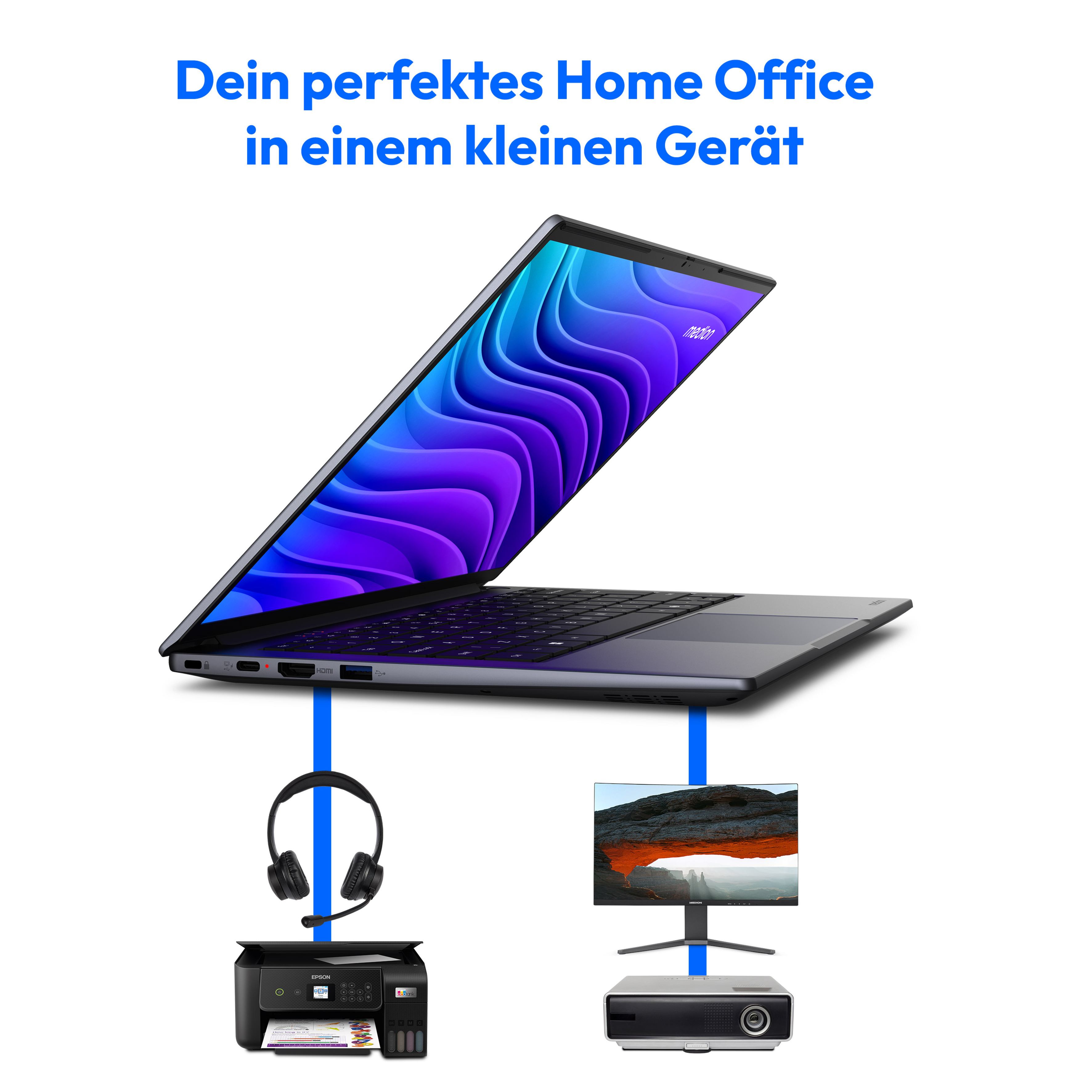 Ein Laptop ist mit Kopfhörern, Drucker und Monitor verbunden.