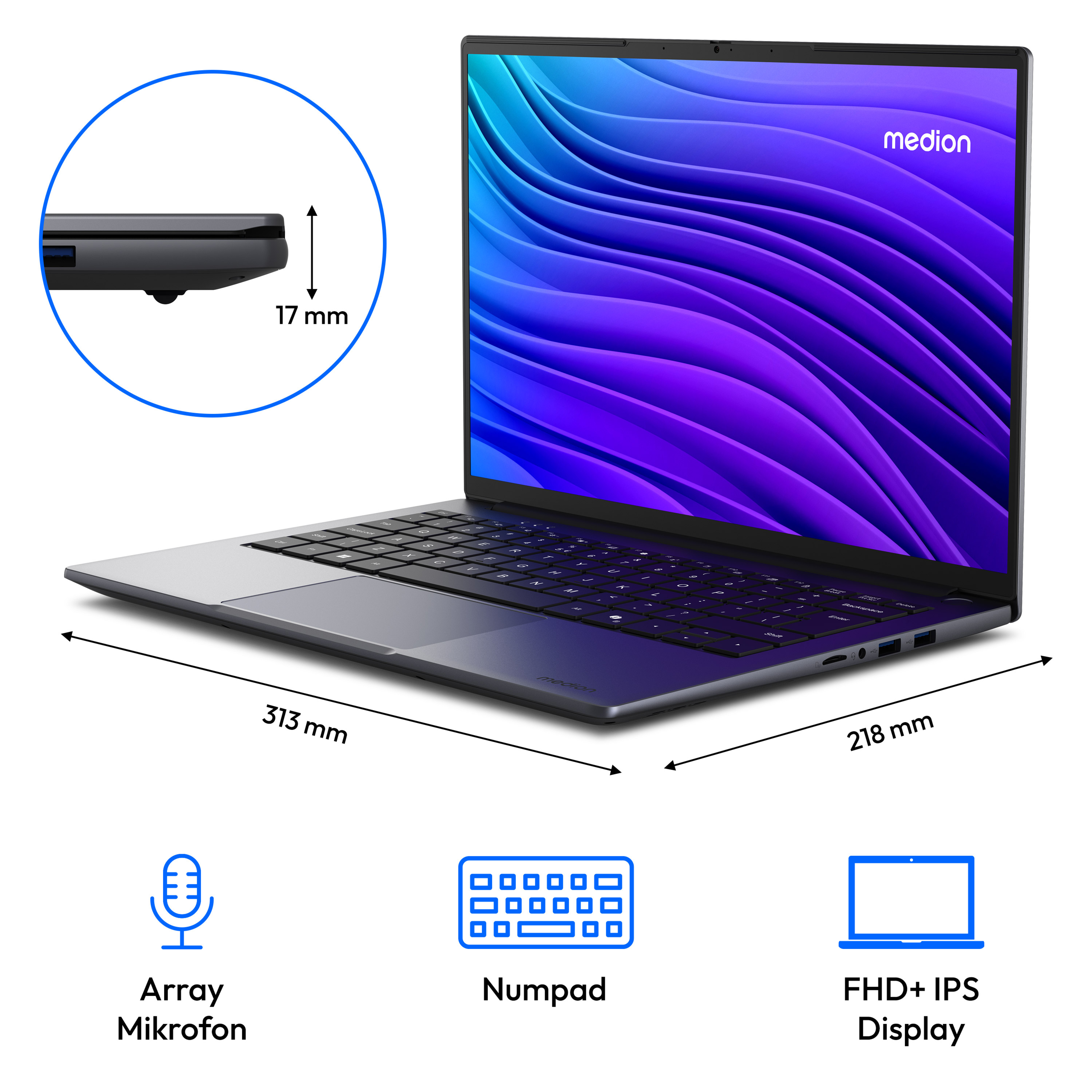 Ein offener Laptop mit Medion-Logo auf dem Bildschirm und Maßen.