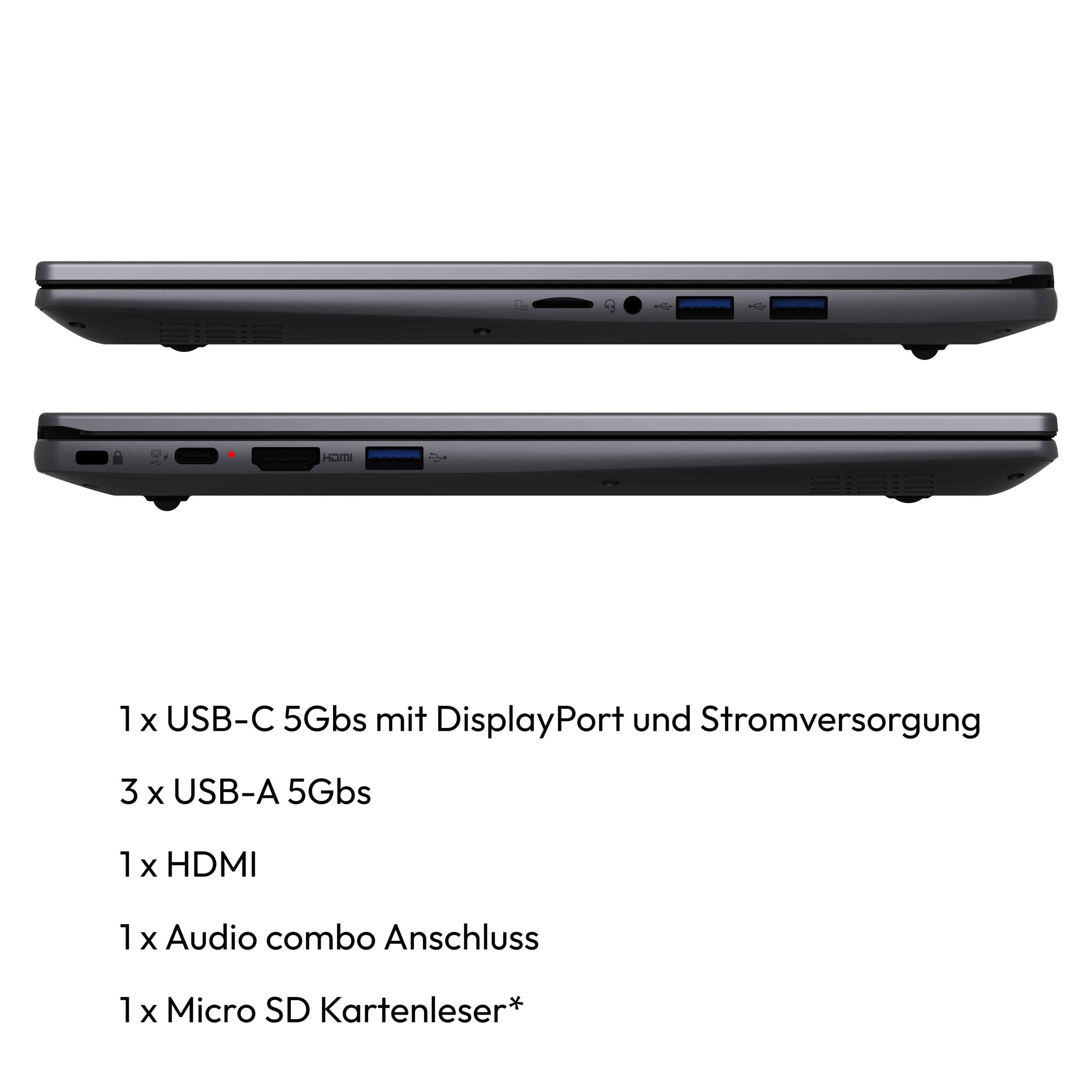 Seitenansicht eines Laptops mit Anschlüssen: USB-C, USB-A, HDMI, Audio, SD-Karte.