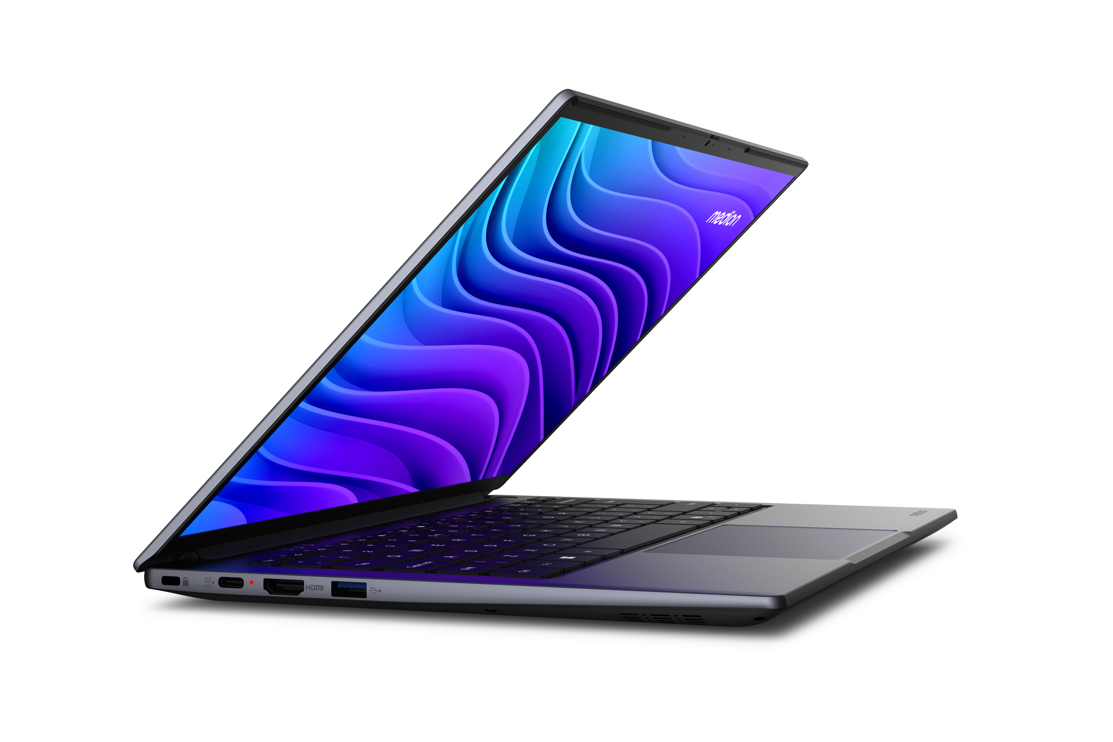 Ein geöffneter Laptop mit einem Wellenmuster in Blau- und Violetttönen auf dem Bildschirm.