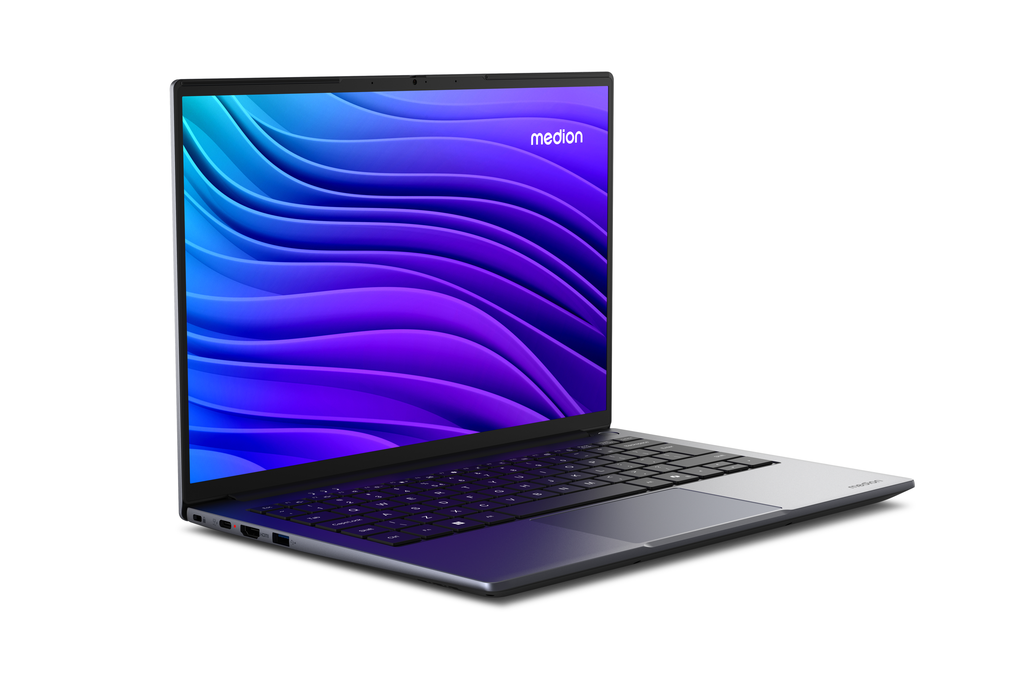 Ein geöffneter Laptop mit Medion-Logo auf dem Bildschirm und blauen/violetten Wellen.