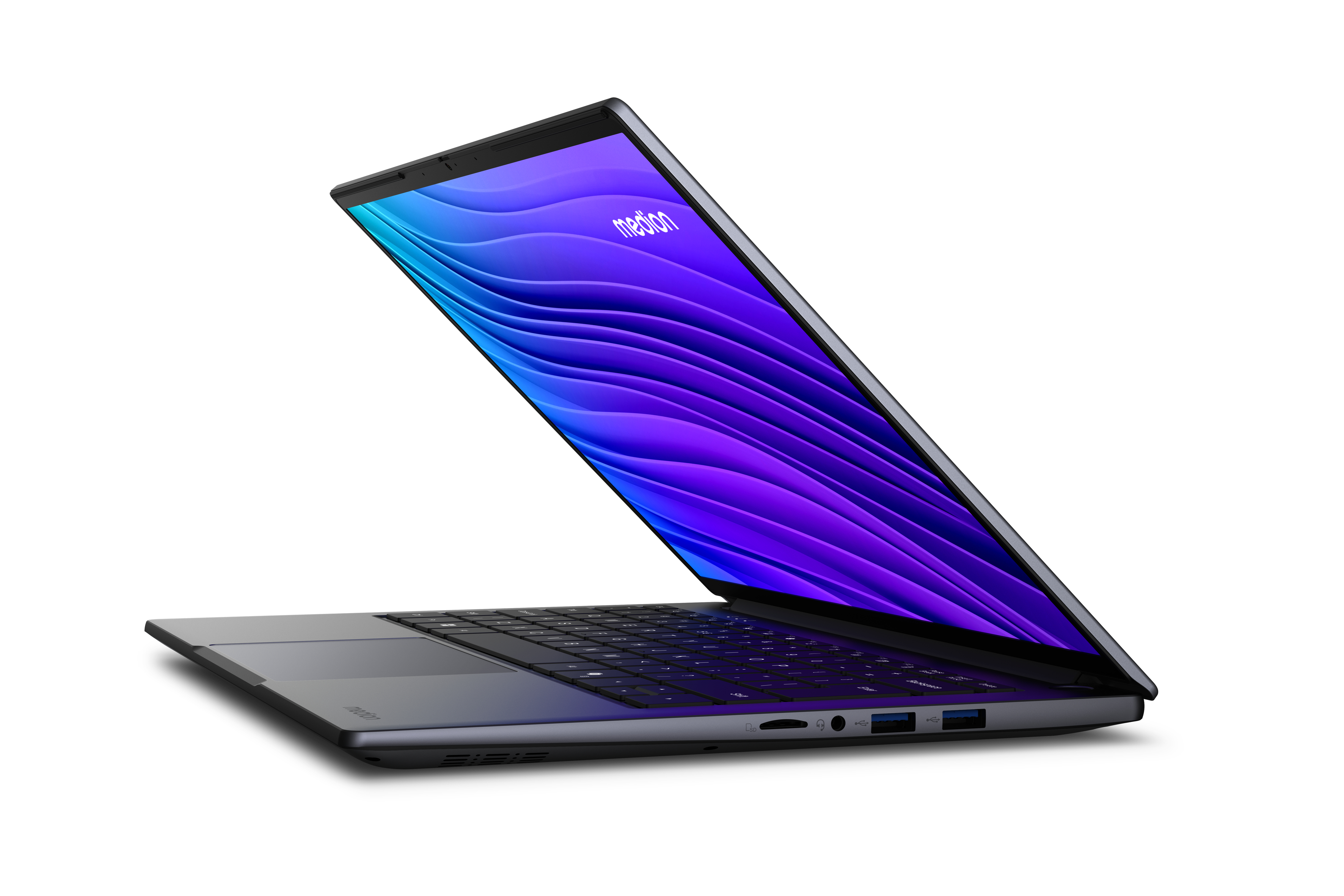Ein geöffneter Laptop mit blau-violetter Wellenmuster-Hintergrundgrafik.
