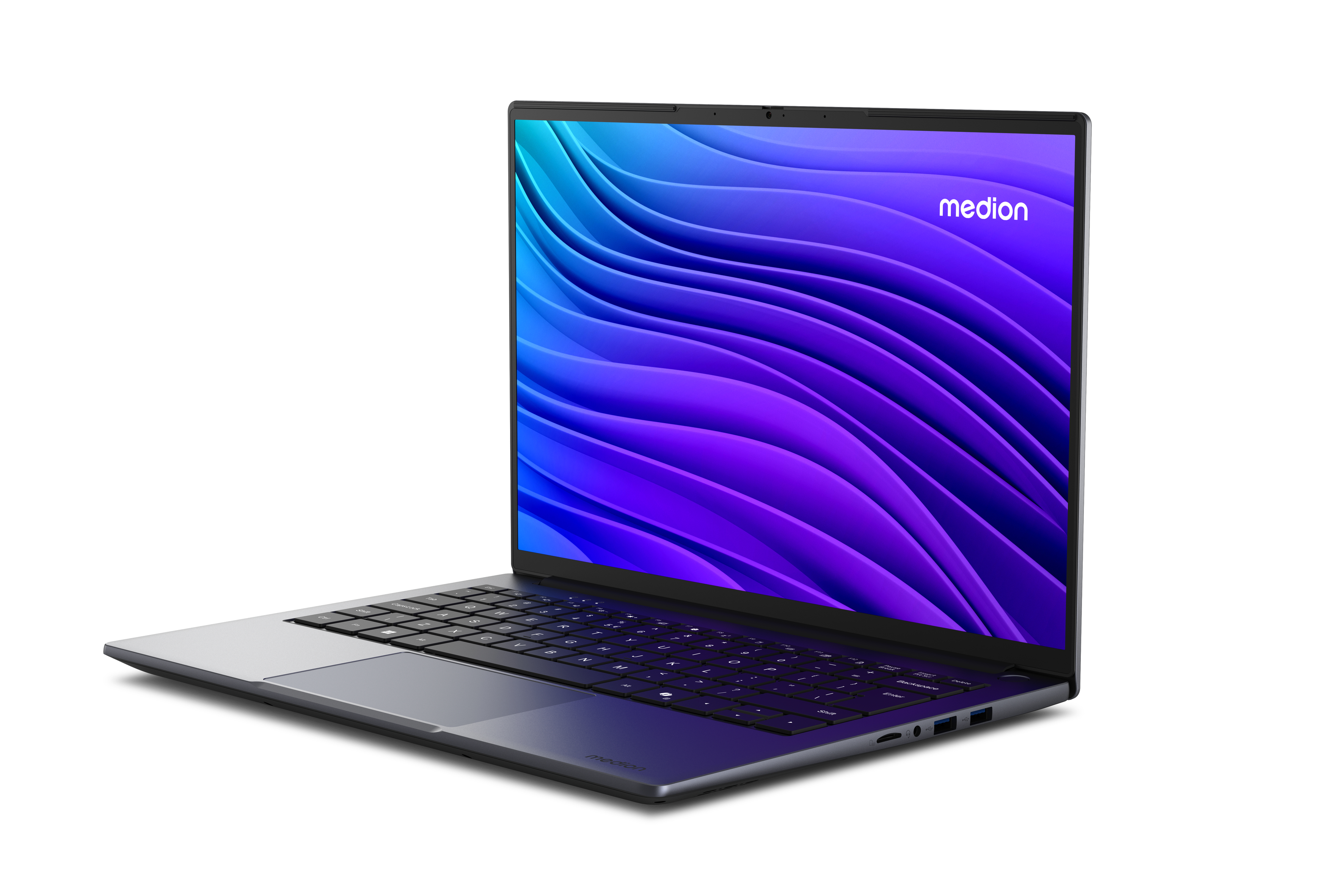 Ein geöffneter, schlanker Laptop mit dunklem Gehäuse und einem blauen/violetten Wellenmuster-Hintergrund.