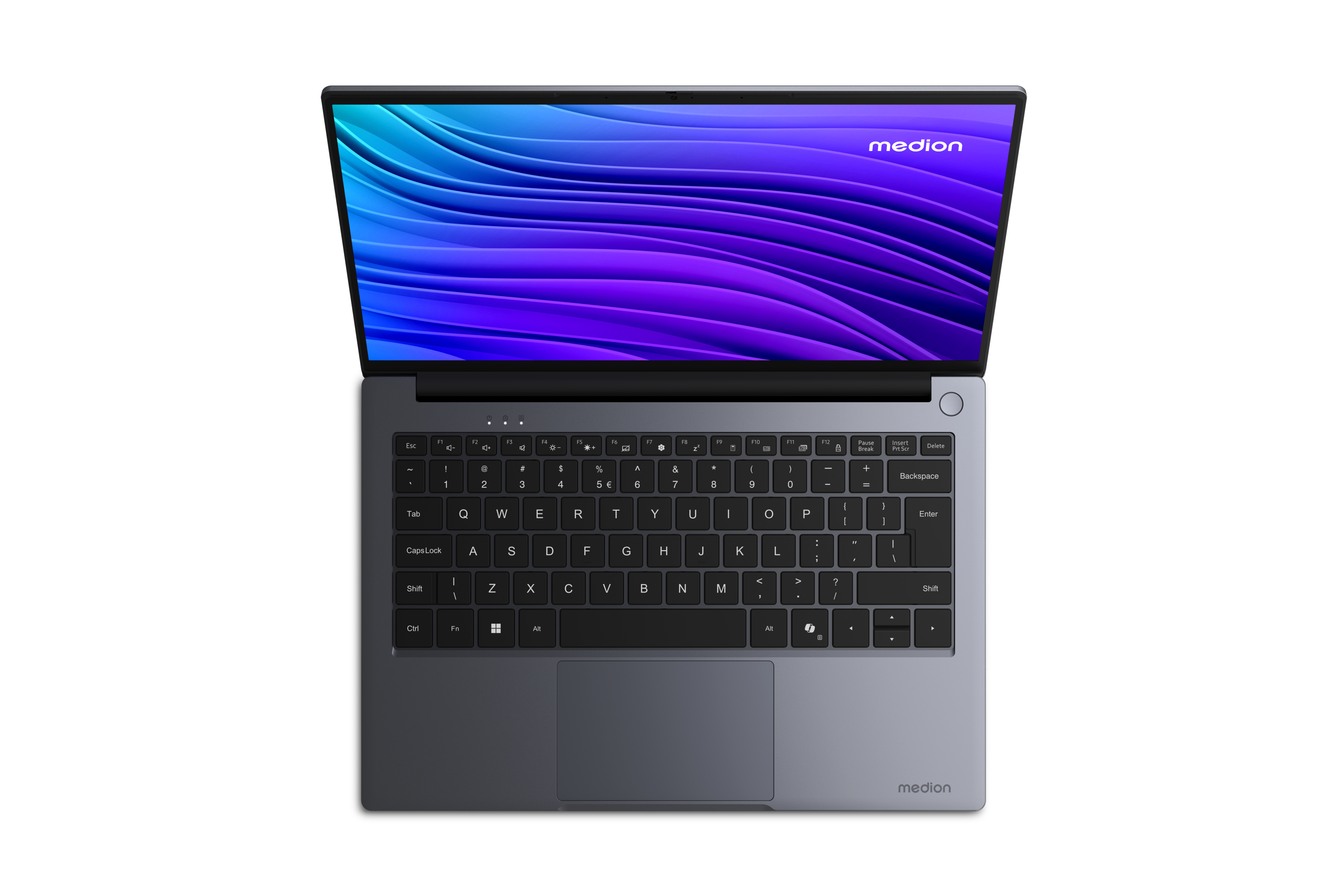 Ein offener grauer Laptop mit einem lila-blauen Wellenmuster auf dem Bildschirm.