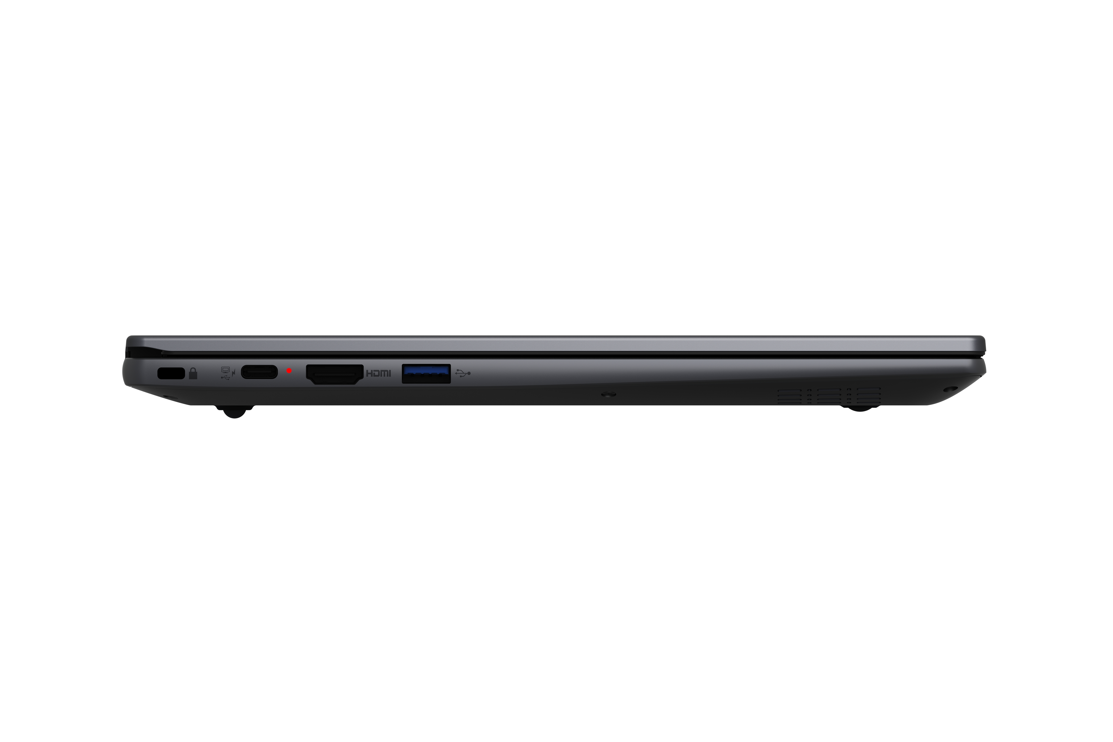 Dunkelgraues Notebook, rechte Seite mit Anschlüssen: USB, HDMI und Netzteil.