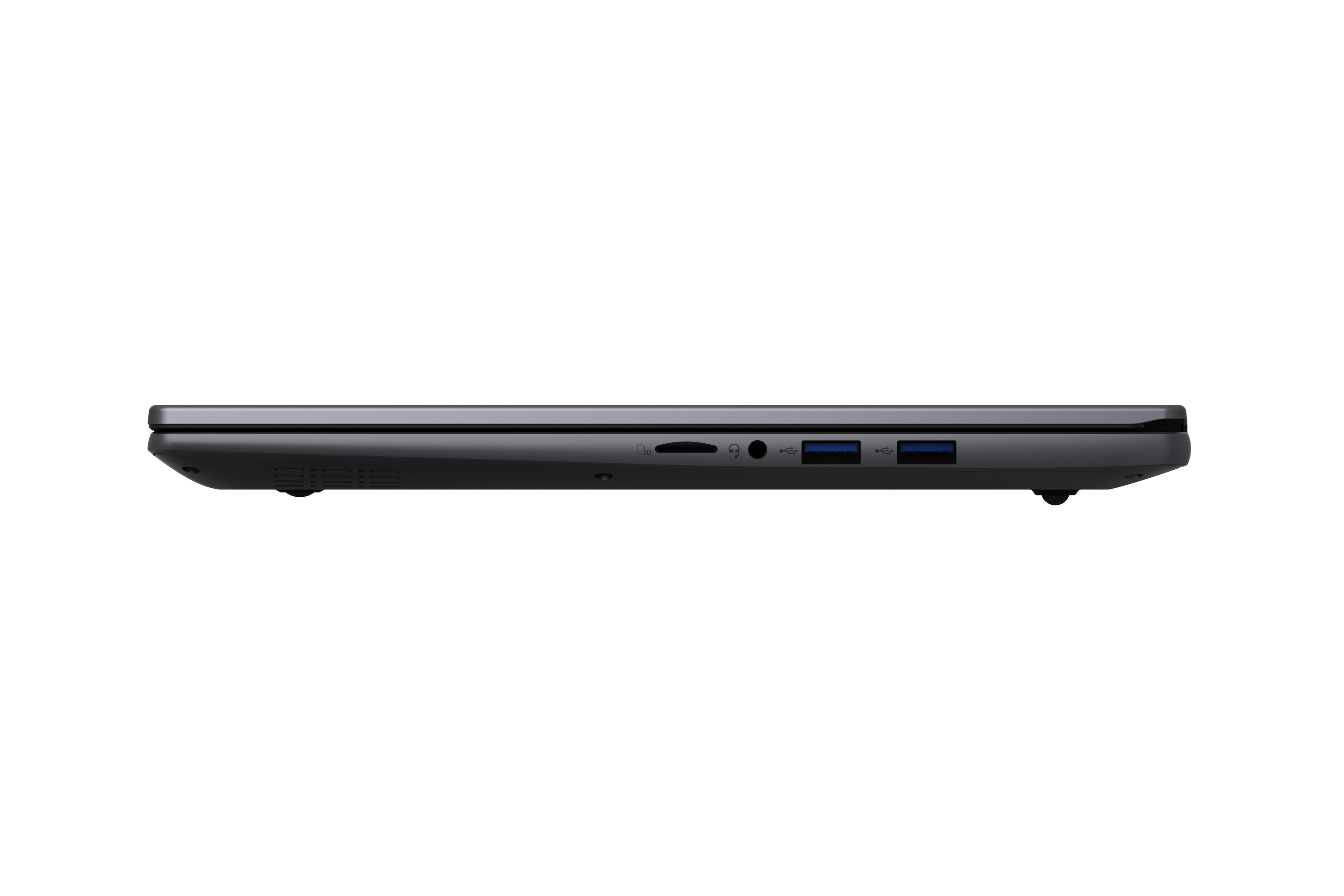 Seite eines dunklen Laptops mit USB- und SD-Kartensteckplätzen.