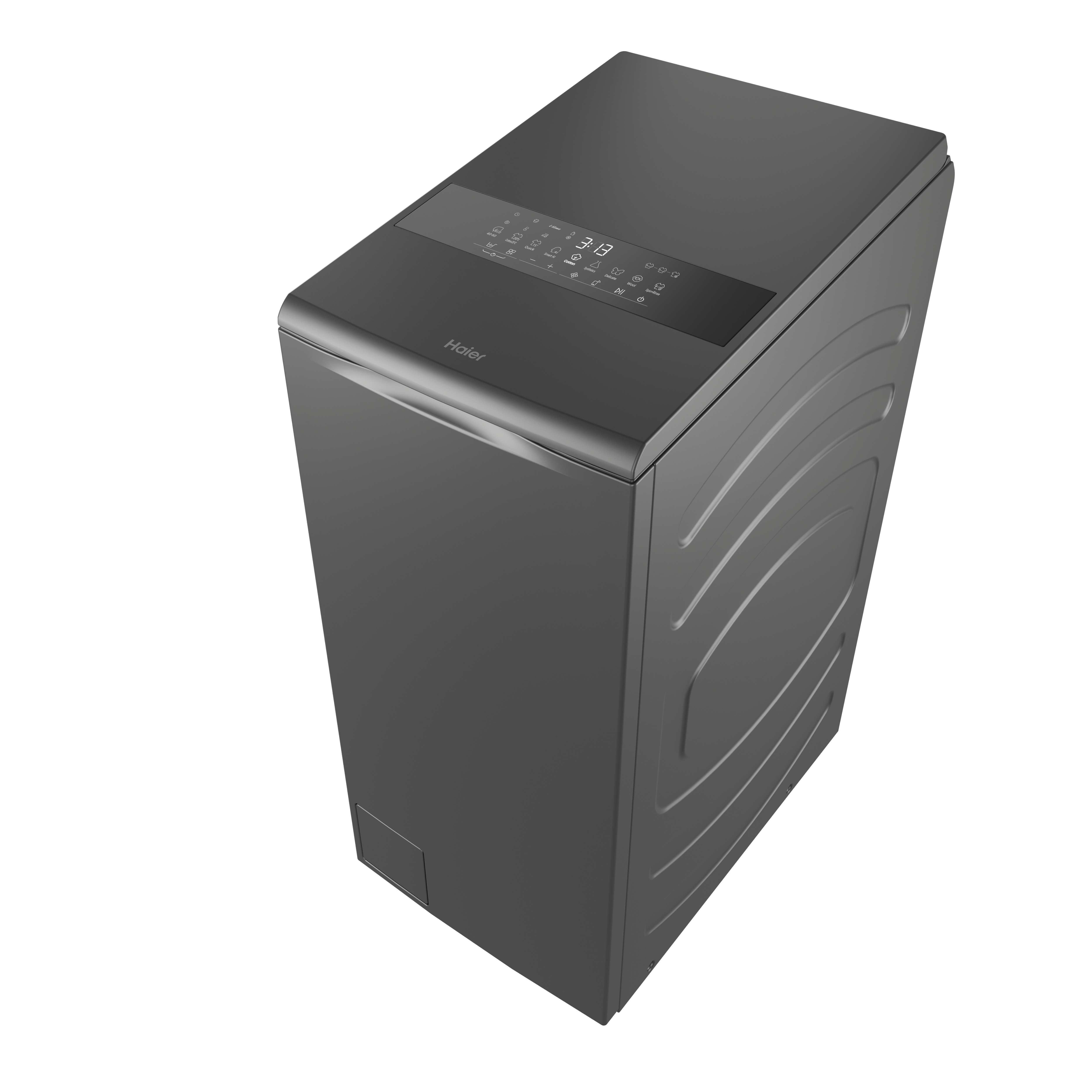 Graue Haier Waschmaschine mit digitalem Display und Bedienelementen.