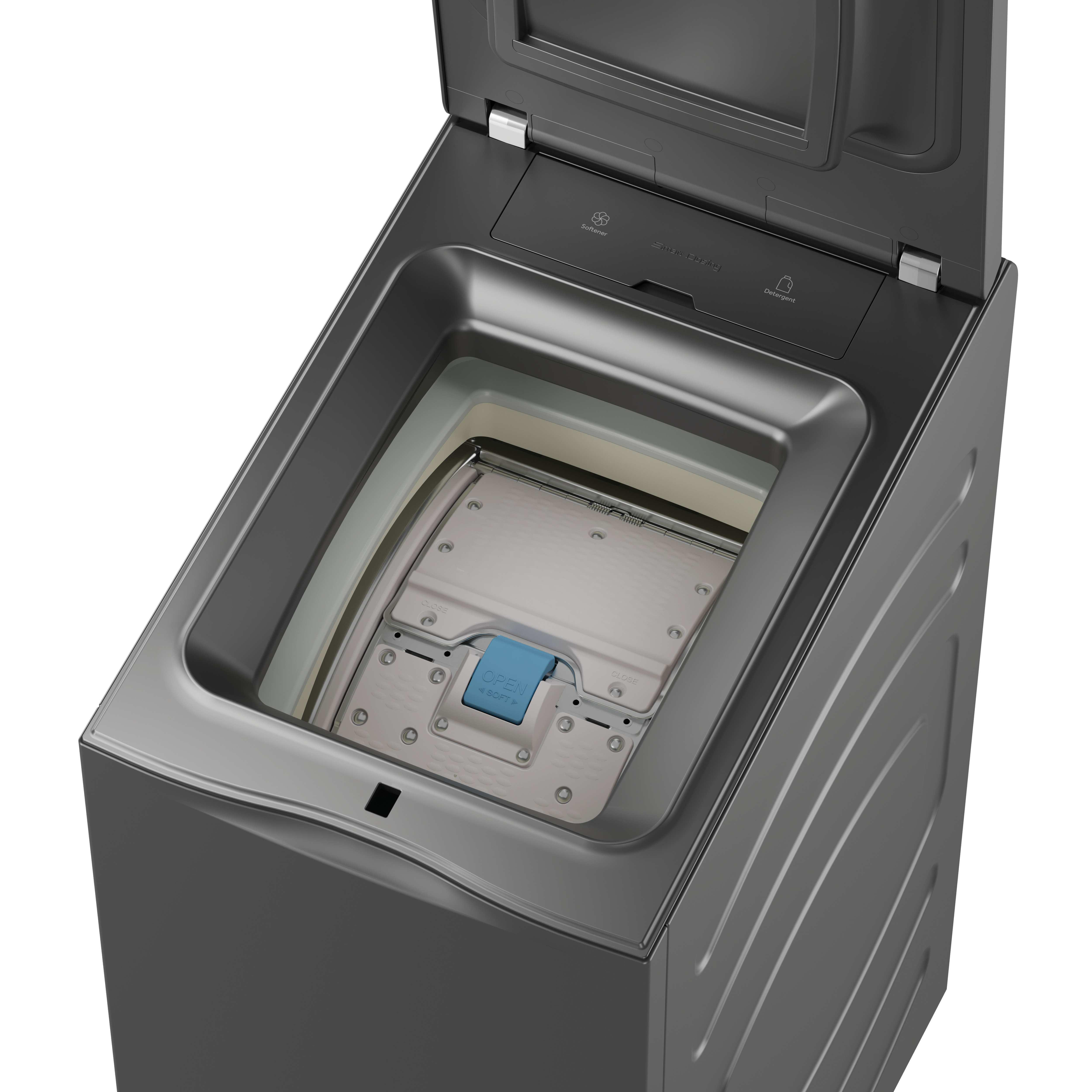 Dunkelgraue Waschmaschine mit offenem Deckel, blauer "OPEN"-Griff.