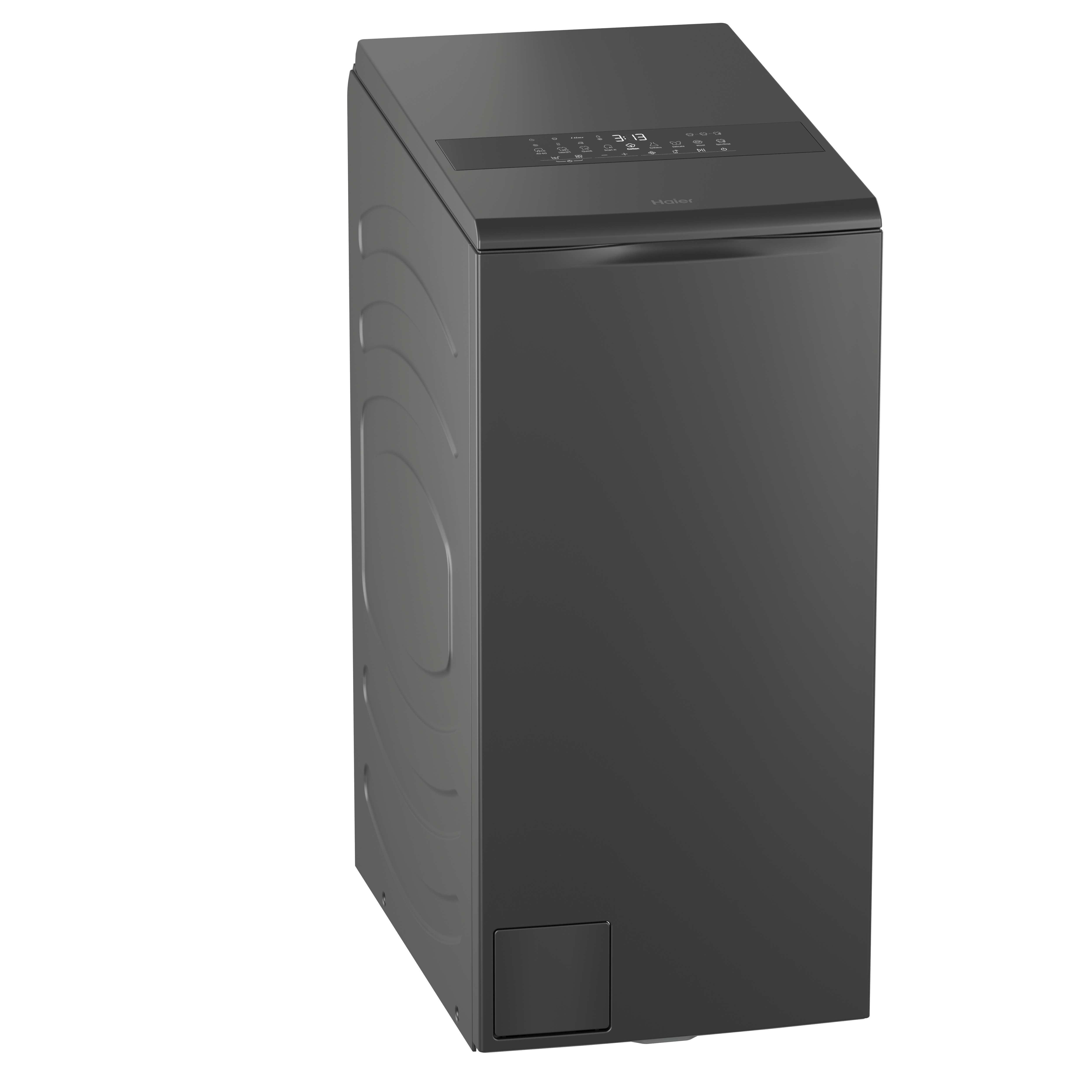 Eine dunkelgraue Haier Waschmaschine mit digitaler Anzeige und Bedienelementen.