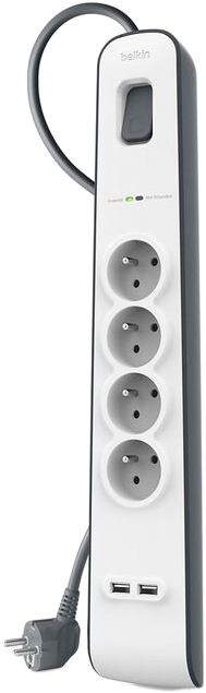 BELKIN Túlfeszültségvédő, hosszabbító 4 aljzattal, kettős USB-A csatlakozással, fehér (BSV401vf2M-V2)