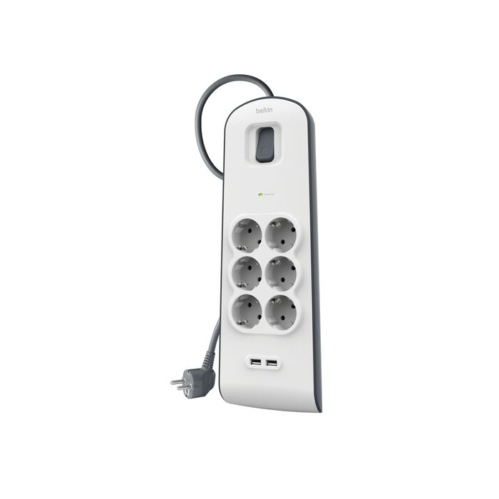 Fehér elosztó 6 konnektorral, 2 USB porttal, kapcsolóval és kábellel.