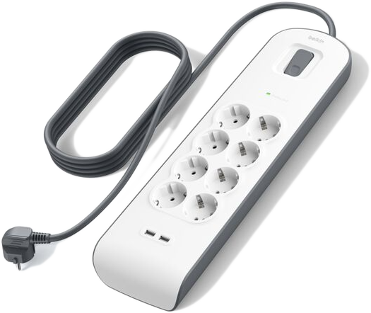 BELKIN Túlfeszültségvédő, hosszabbító 8 aljzattal, kettős USB-A csatlakozással, fehér (BSV804vf2M-V2)