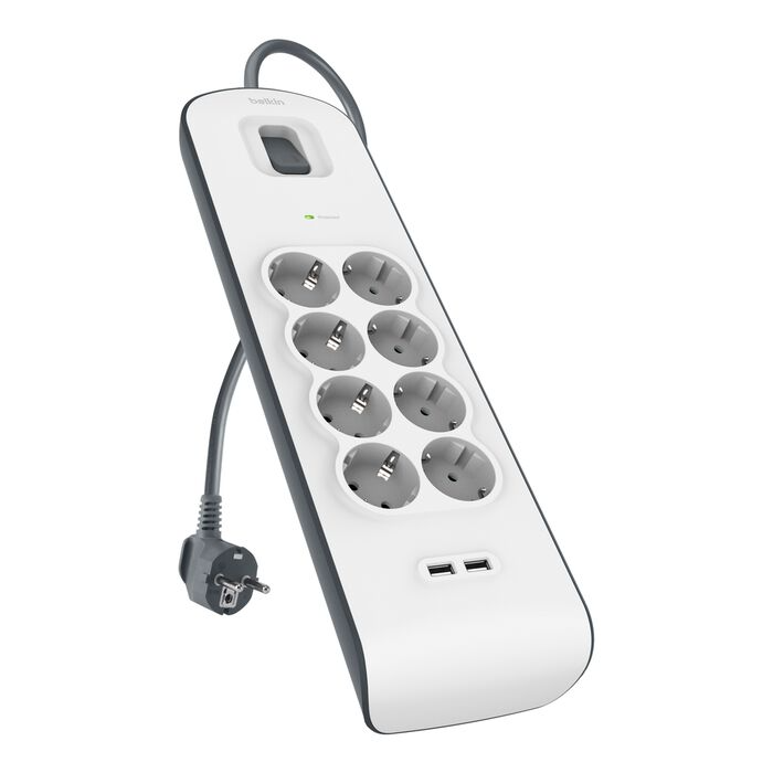 Fehér elosztó 8 aljzattal, 2 USB porttal és kapcsolóval.