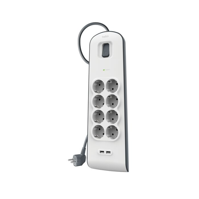 Fehér elosztó 8 aljzattal, 2 USB porttal, kapcsolóval és kábellel.