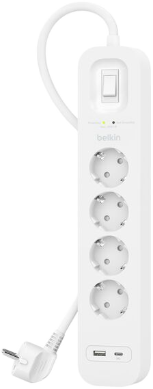 BELKIN Túlfeszültségvédő, hosszabbító 4 aljzattal, USB-A, USB-C csatlakozással, fehér (SRB001vf2M-V2)