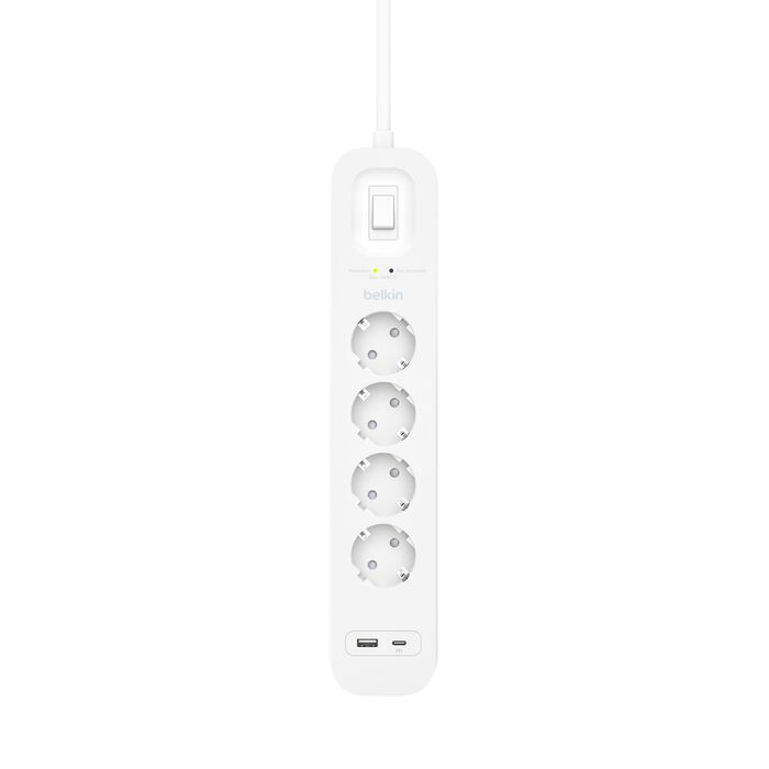 Egy fehér elosztó kapcsolóval, négy aljzattal és két USB-porttal.