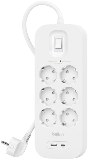 BELKIN Túlfeszültségvédő, hosszabbító 6 aljzattal USB-A, USB-C csatlakozással, fehér (SRB002vf2M-V2)