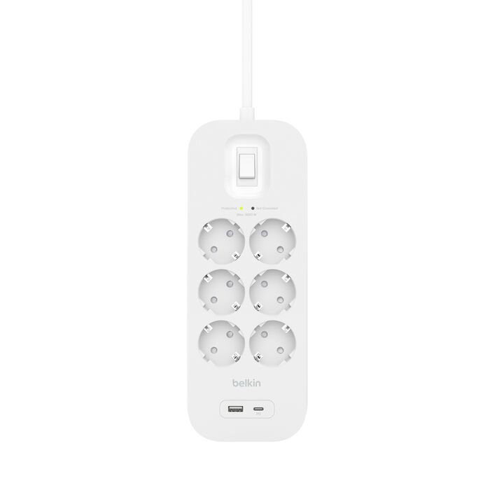 Fehér elosztó hat konnektorral és két USB porttal.